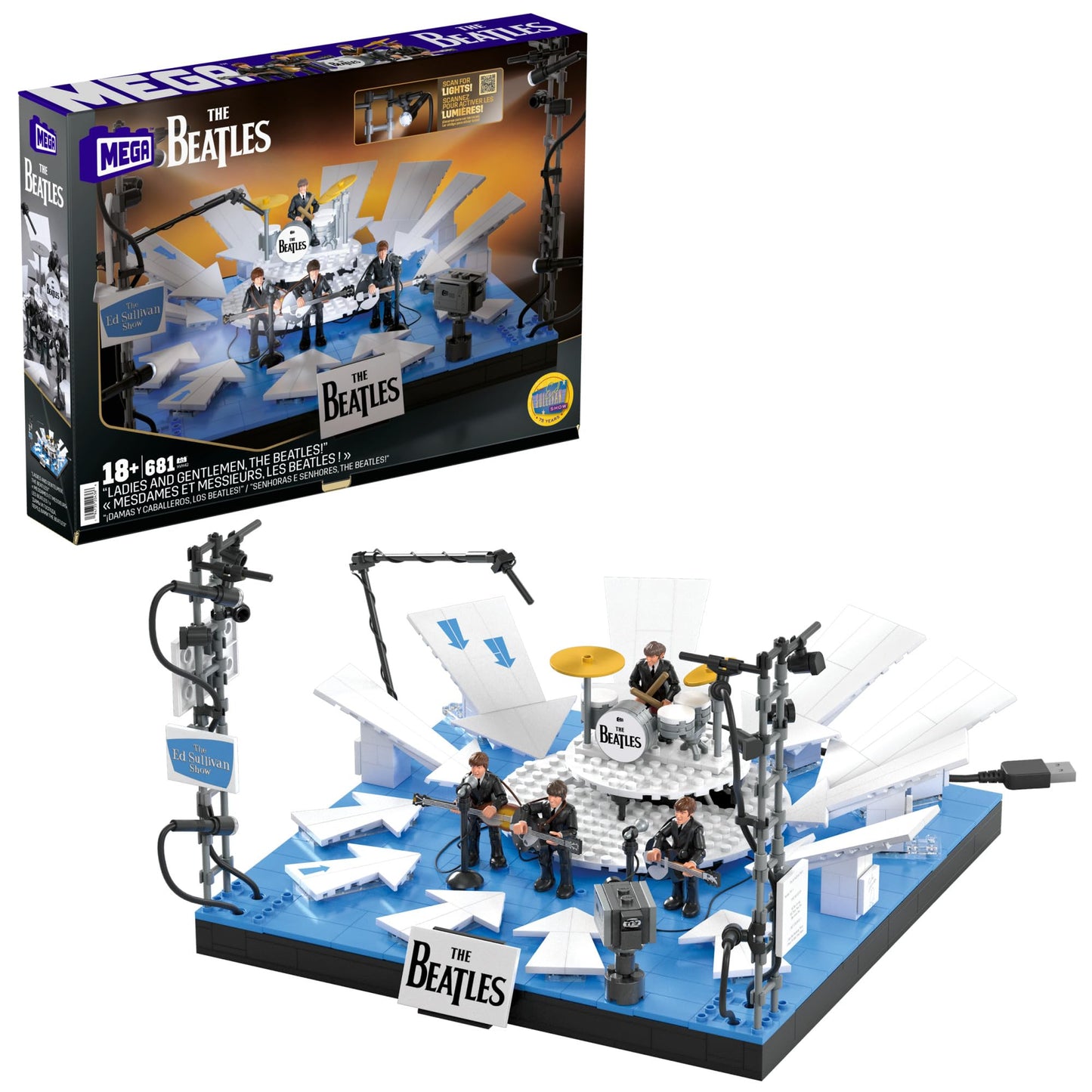 MEGA The Beatles Building Set with 681 Pieces, 4 Poseable Action Figures and Ed Sullivan Stage, with LED Lights, for Adult Collectors