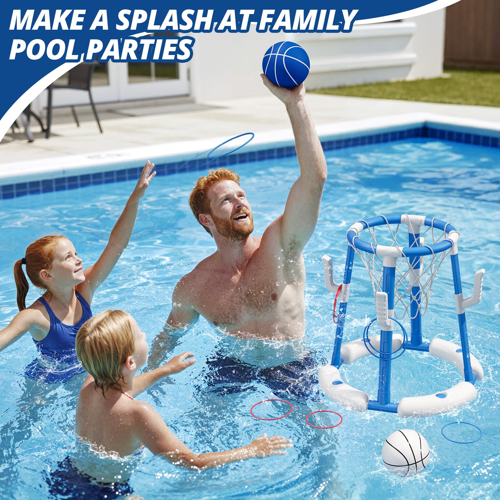 HYES 2 in 1 Pool Basketball Hoop, Floating Pool Toys, Blue