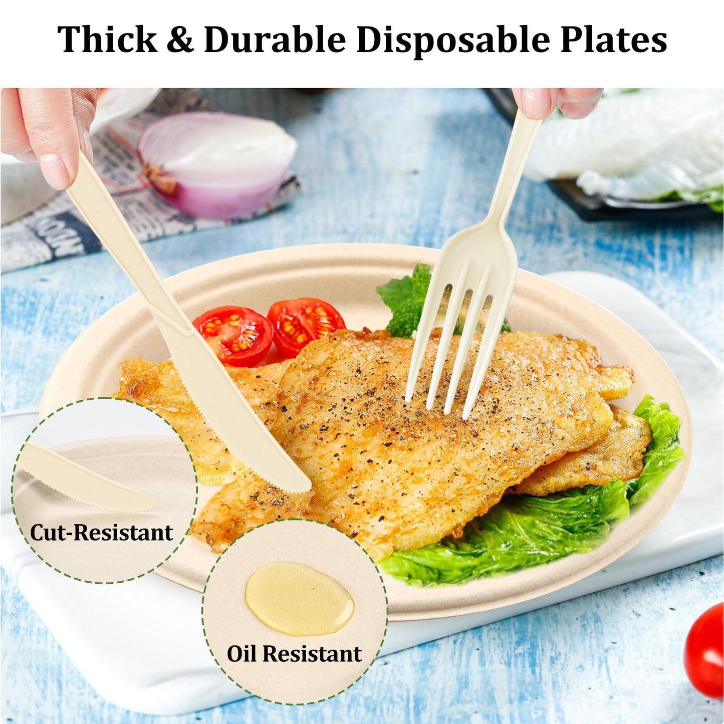 FEHHTO Compostable Paper Plates Set, 250PCS Disposable Heavy-Duty Sugarcane Plate and Eco-Friendly Utensil Biodegradable Dinnerware Plates, Extra Long