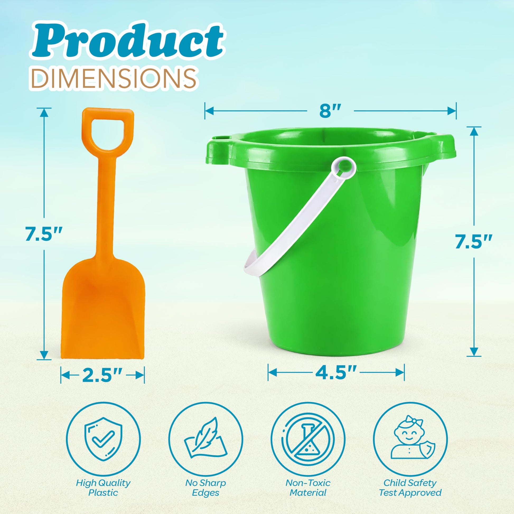 4E's Novelty 6 Pack 7.5" Beach Buckets and Shovels for Kids Bulk - Strong Large Sand Bucket for Toddler Beach Toys for Kids 3-10, Sandbox Toys