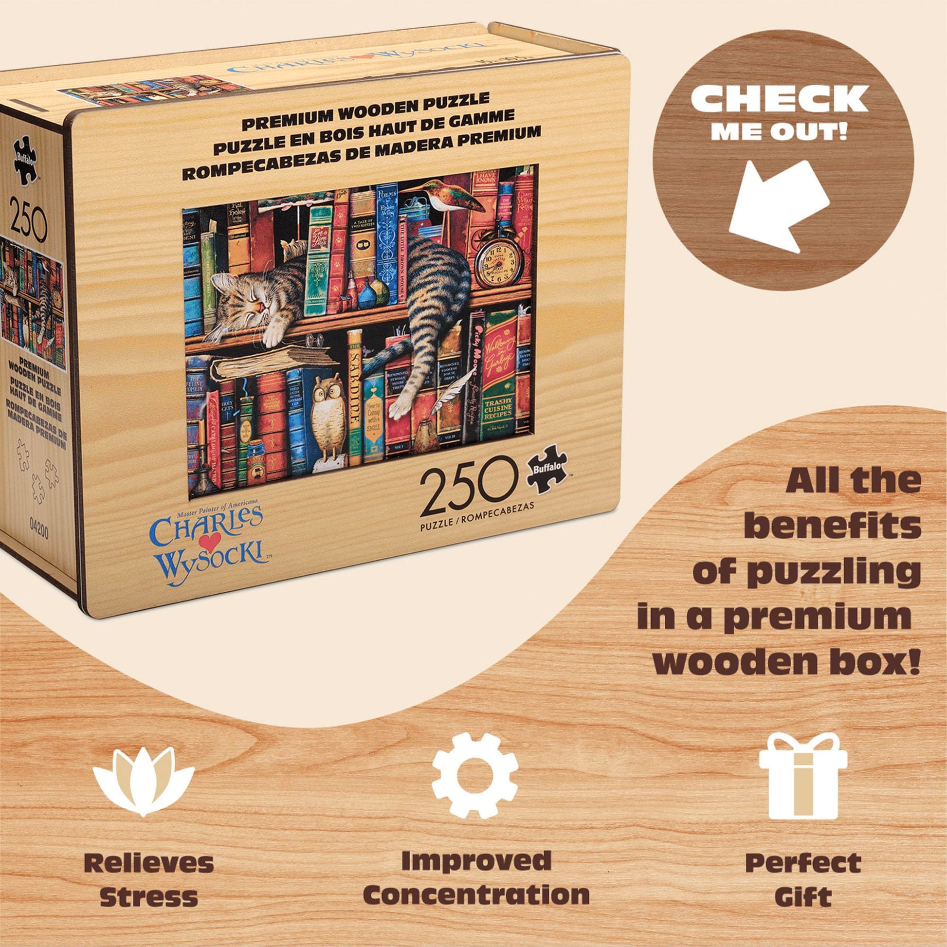 Buffalo Games - 250 Piece Wooden Jigsaw Puzzle Charles Wysocki - Frederick The Literate, Standard Cut Pieces, Wooden Box, Fabric Bag, Full Size