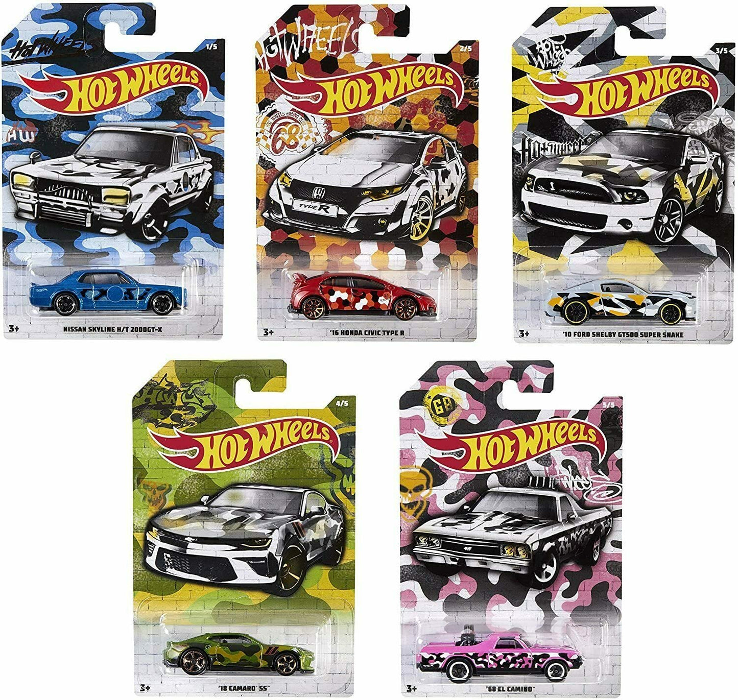 Hot Wheels Mattel 2019 Urban Camo Series Complete Bundle of 5 Die?Cast Vehicles, Camouflage Graphics, 1:64 Scale, Ages 3+