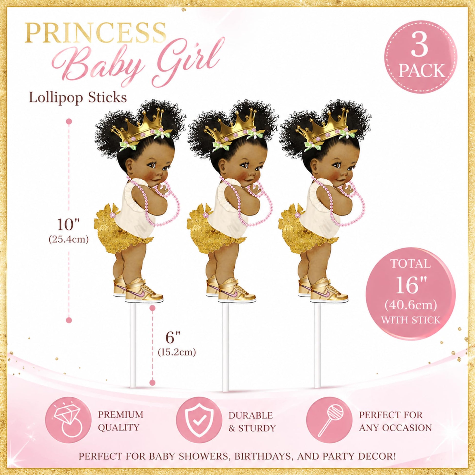 ArtPaperWonders Gold Princess Centerpieces 3 Piece Set - 10 Inch Double-Sided on Sticks - African American Royal Baby Shower Birthday Table