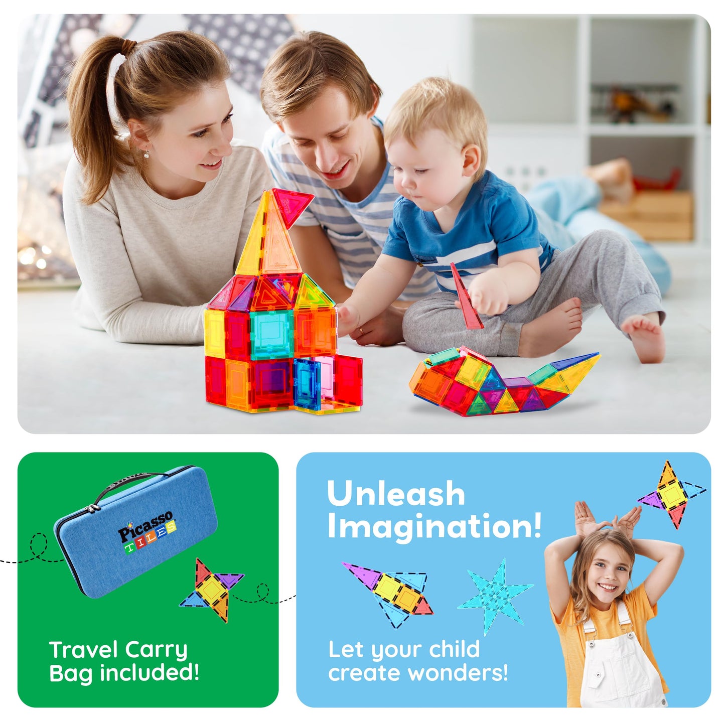 PicassoTiles 101 PCs Magnetic Tiles Building Block with Storage Case Included Bold Colors Travel Carry Case Construction Set for Boys & Girls Great