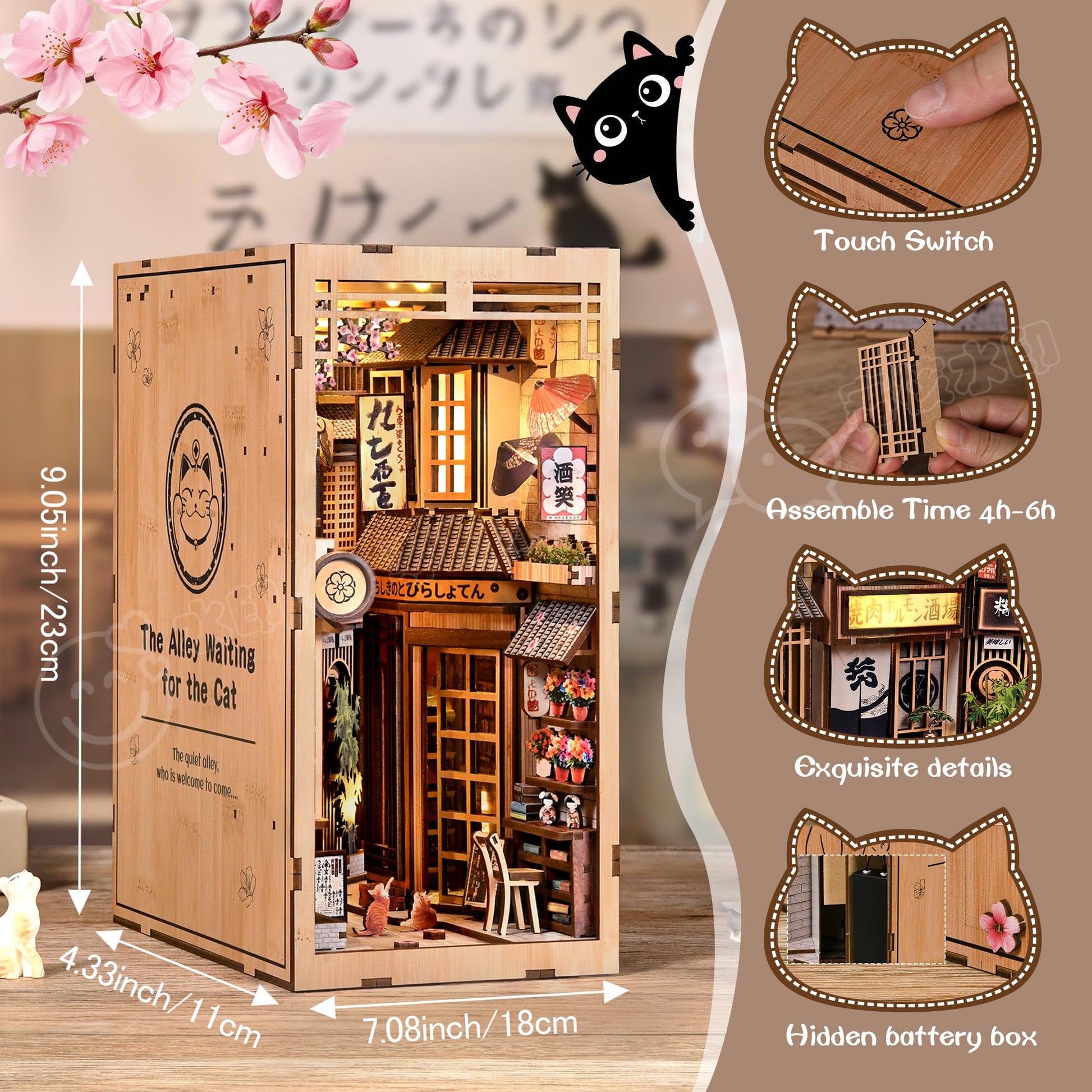 DIY Book Nook Kit with LED Lights | 3D Puzzles for Adults & Teens, Miniatures and Model Building Kits for Bookshelf Decor, Relaxing & Creative Gift