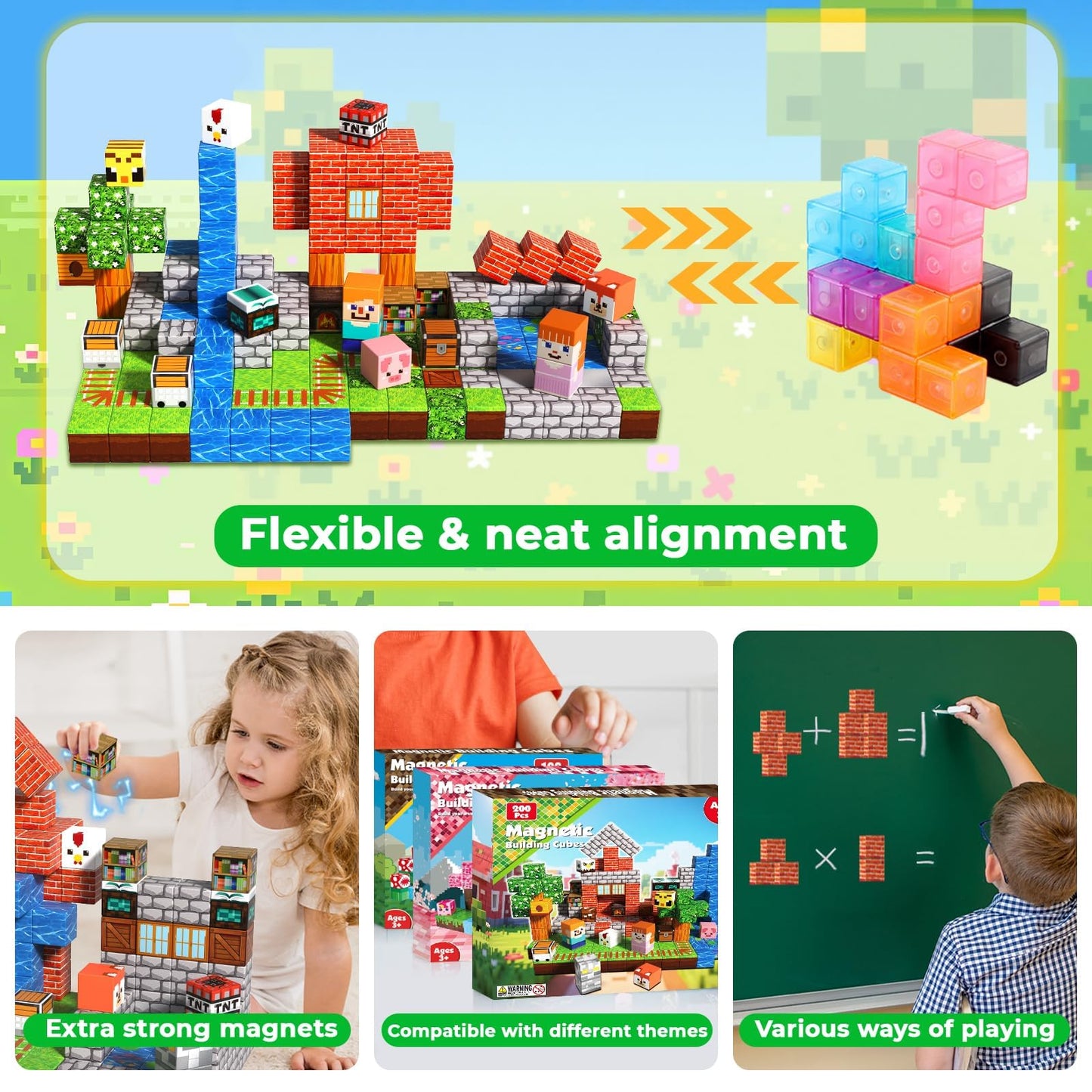 Annexfun 200 PCS Magnetic Blocks - Magnetic Building Blocks, Stacking Magnets for Kids, Sensory Toy for STEM Montessori Sensory Toys for Kids 3+ Boys