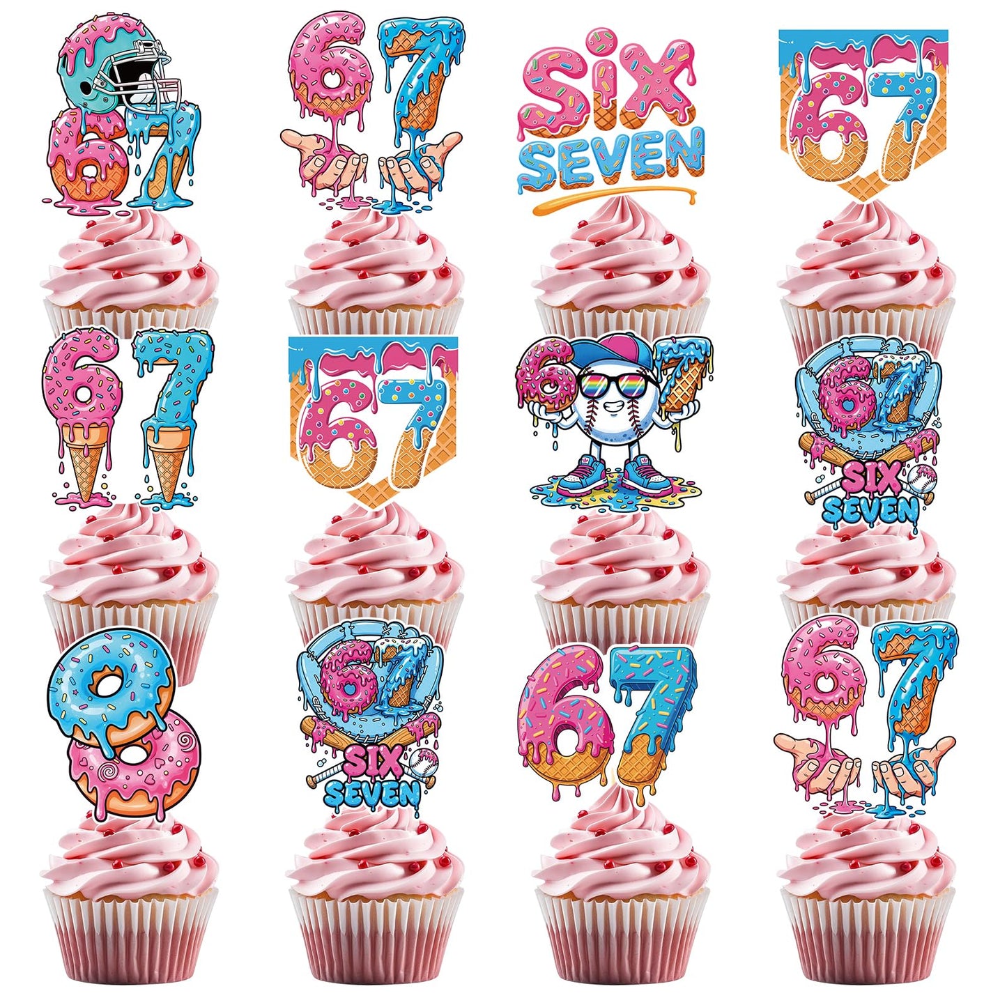 Musaeva 6 7 Birthday Decorations - 36 Pcs 67 Meme Birthday Theme Party Cupcake Toppers Decor, Ice Cream Drip Baseball Cup Cake Toppers Party Supplies