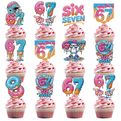 Musaeva 6 7 Birthday Decorations - 36 Pcs 67 Meme Birthday Theme Party Cupcake Toppers Decor, Ice Cream Drip Baseball Cup Cake Toppers Party Supplies