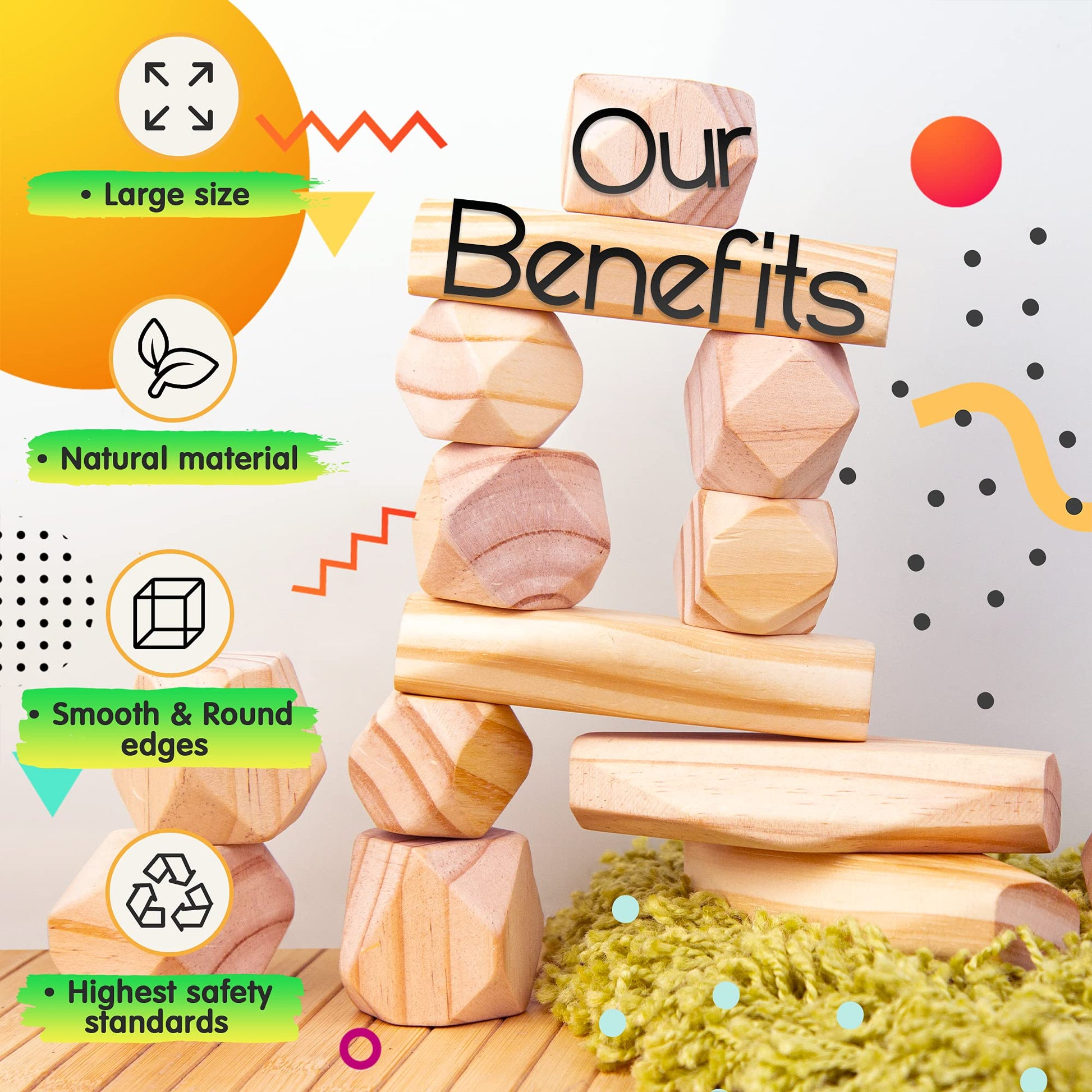 Panda Brothers Wooden Balancing Stones - Montessori Toys for 3 4 5 Year Old Kids and Toddlers Learning Sensory Toy, 20 Large Size Wooden Building