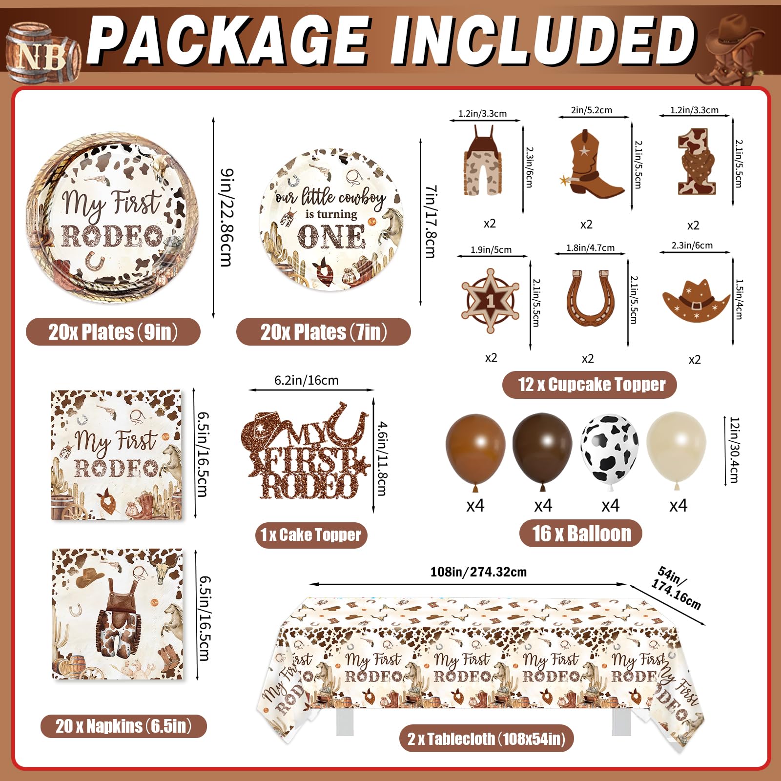 180 PCS My First Rodeo Decorations Boy, First Rodeo Birthday Decorations Tableware Set with Banner Cake Topper Cupcake Toppers Tablecloths Plates