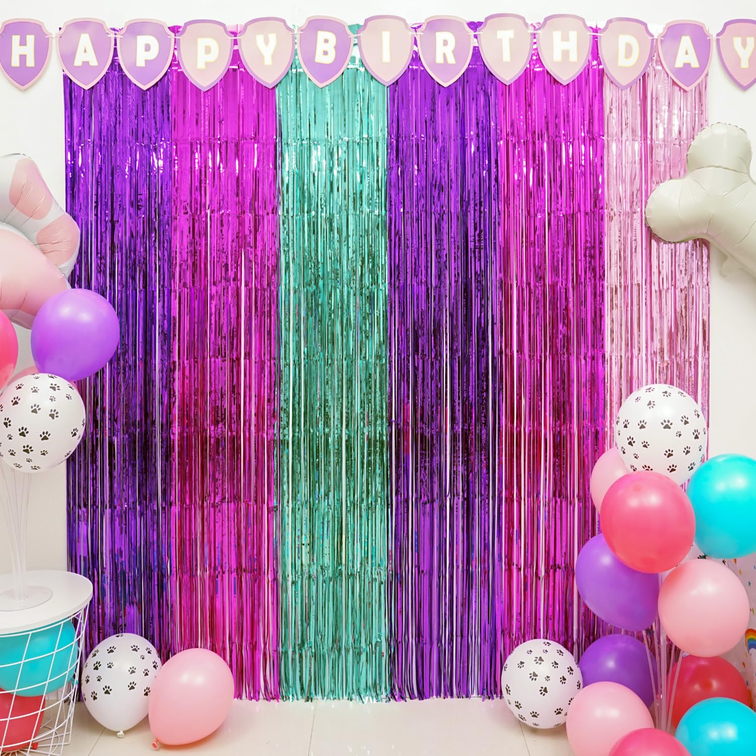 Pink Paw Puppy Patrol Birthday Decorations for Girls, 2 Pack Pinky Paw Party Photo Booth Prop, Purple Pink Teal Fringe Curtains Photo Streamers