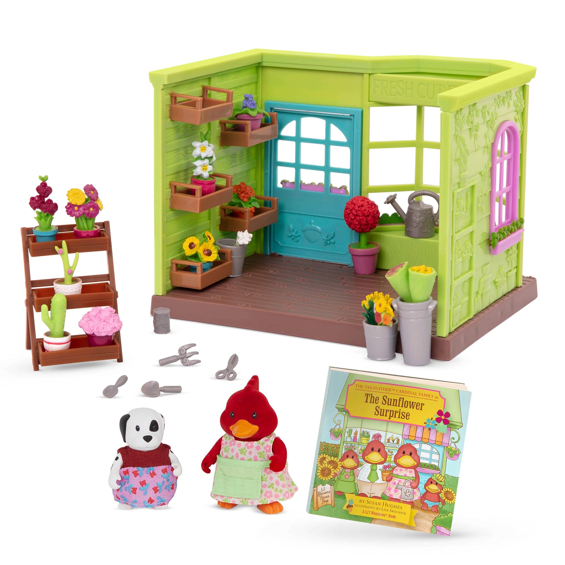 Li'l Woodzeez - Li'l Petals Flower Shop - 29 Pieces Dollhouse Playset with 2 Posable Figures & Storybook - Miniature Furniture & Accessories