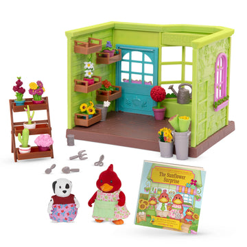 Li'l Woodzeez - Li'l Petals Flower Shop - 29 Pieces Dollhouse Playset with 2 Posable Figures & Storybook - Miniature Furniture & Accessories