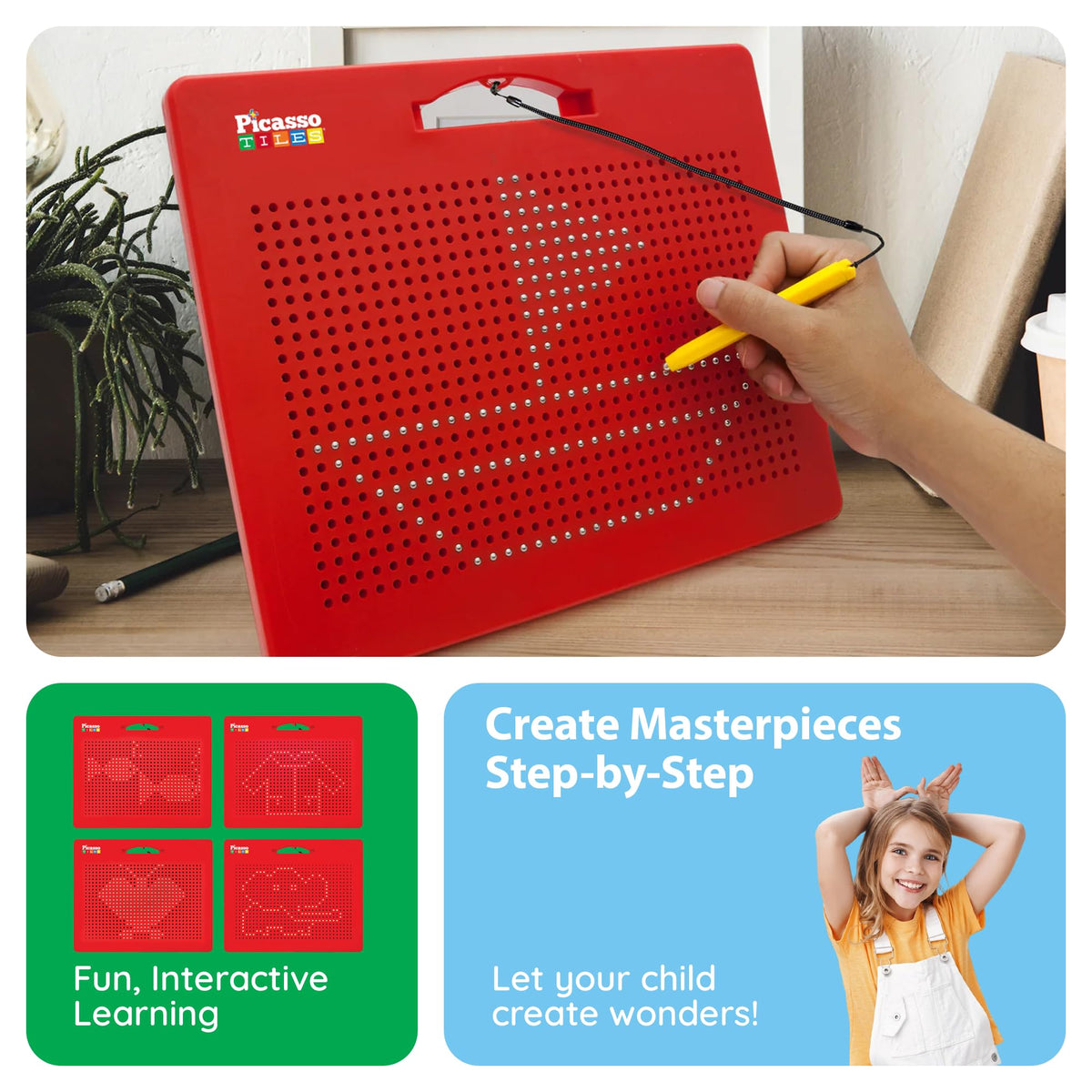 PicassoTiles Toys Magnetic Drawing Board 12x10 inch Large 748 Bead Magnet Tablet Pad Erasable Reusable Writing Playboard STEM Toys Educational Playset