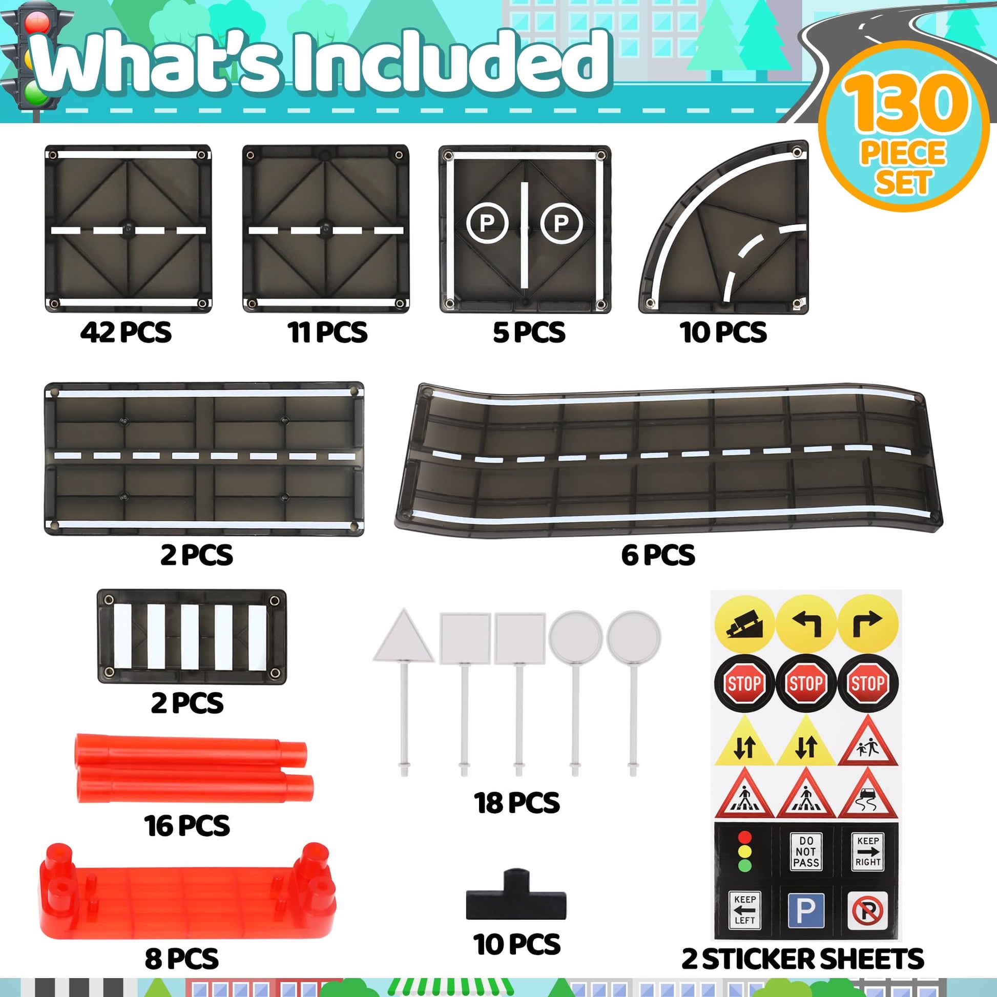 Playmags Magnetic Tiles Road Set for Kids - 130-Pieces Magnet Building Blocks Toy - Durable Creative STEM Learning Toys with Curved & Straight Car