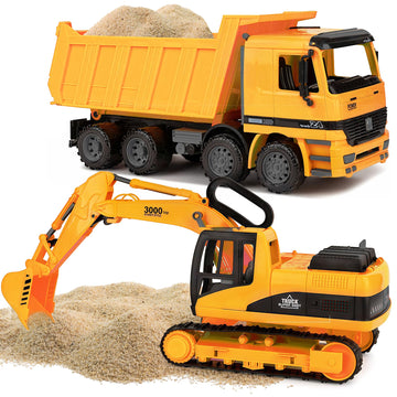 Toy To Enjoy Construction Toys - Excavator & Dump Truck Toy for Kids (Set of 2) - Moveable Claw & Lifting Back - Garbage Truck & Bulldozer Digger