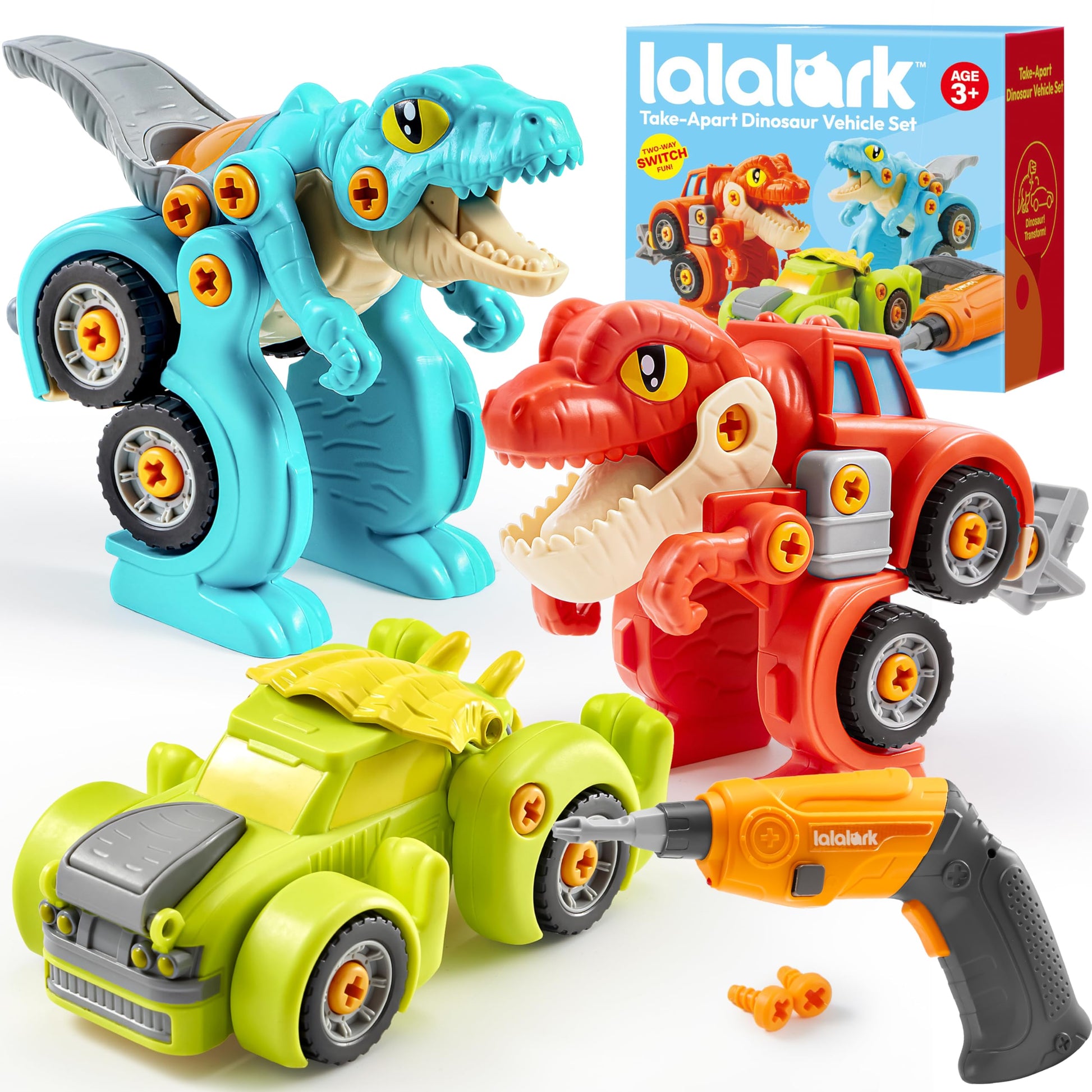 lalalark Dinosaur Cars, Dinosaur Toys for Kids 3-5, Take Apart Construction Building Toy with Electric Drill, STEM Educational Transform Car Playsets