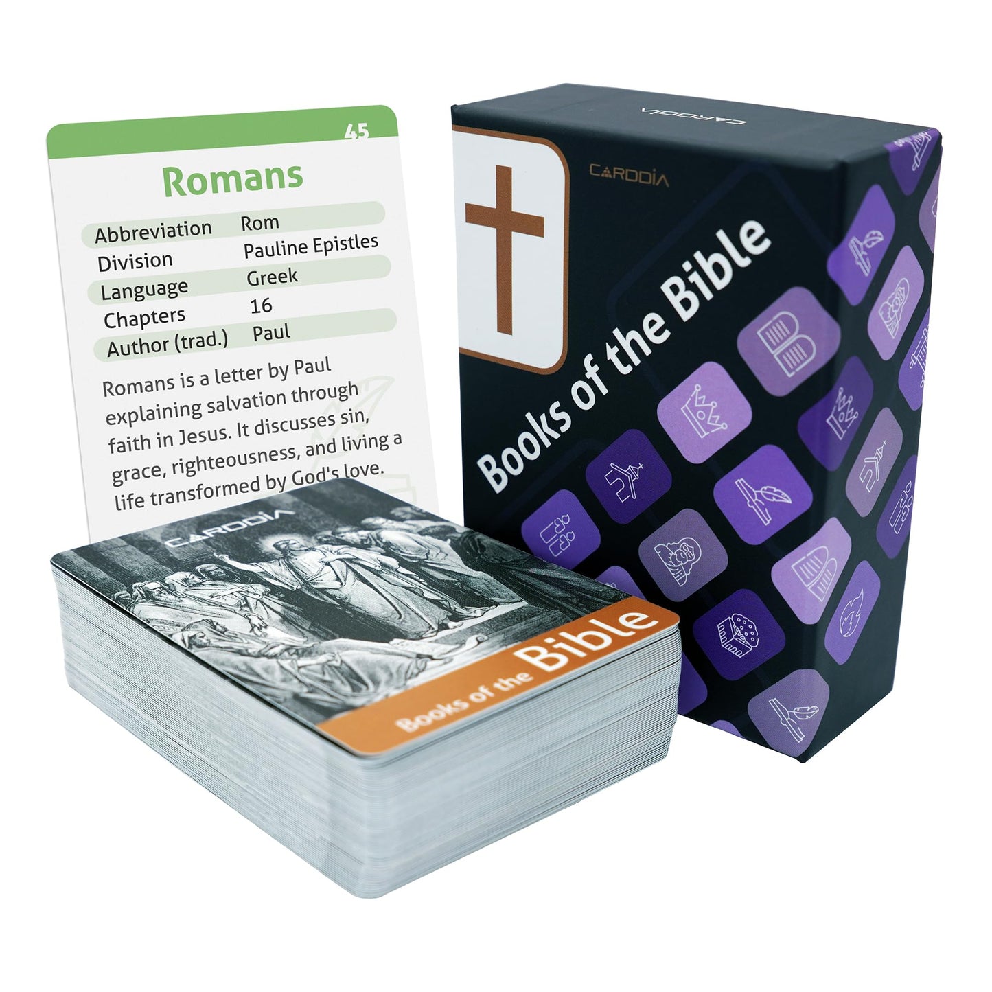 CARDDIA | Books of The Bible Flash Cards | Woodcut Illustrations, Color-Coded Divisions & Key Facts | Perfect for Bible Study, New Christians