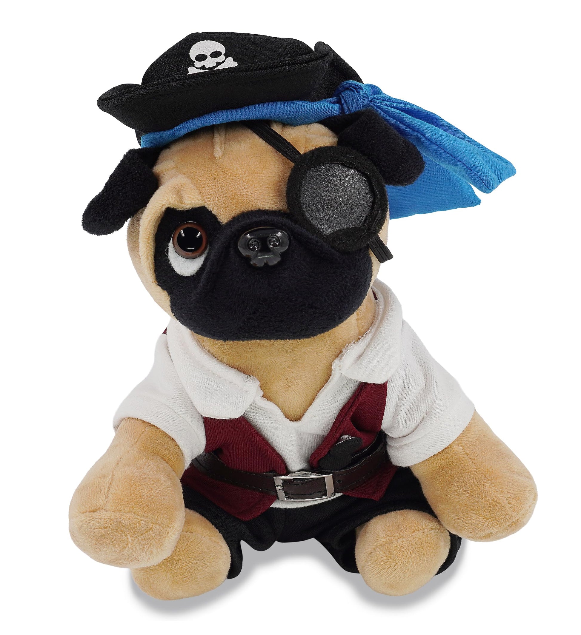 DolliBu Pug Dog Stuffed Animal with Pirate Dress Up and Name Personalization - Sea Adventure Plush Toy with Cute Pirate Costume - Hat, Shirt, Pants