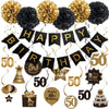 BRT Bearingshui Happy 50th Birthday Hanging Swirls Streamers Decoration Set, Happy Birthday Banner with Tissue Pompoms, Black and Gold 50 Years Old