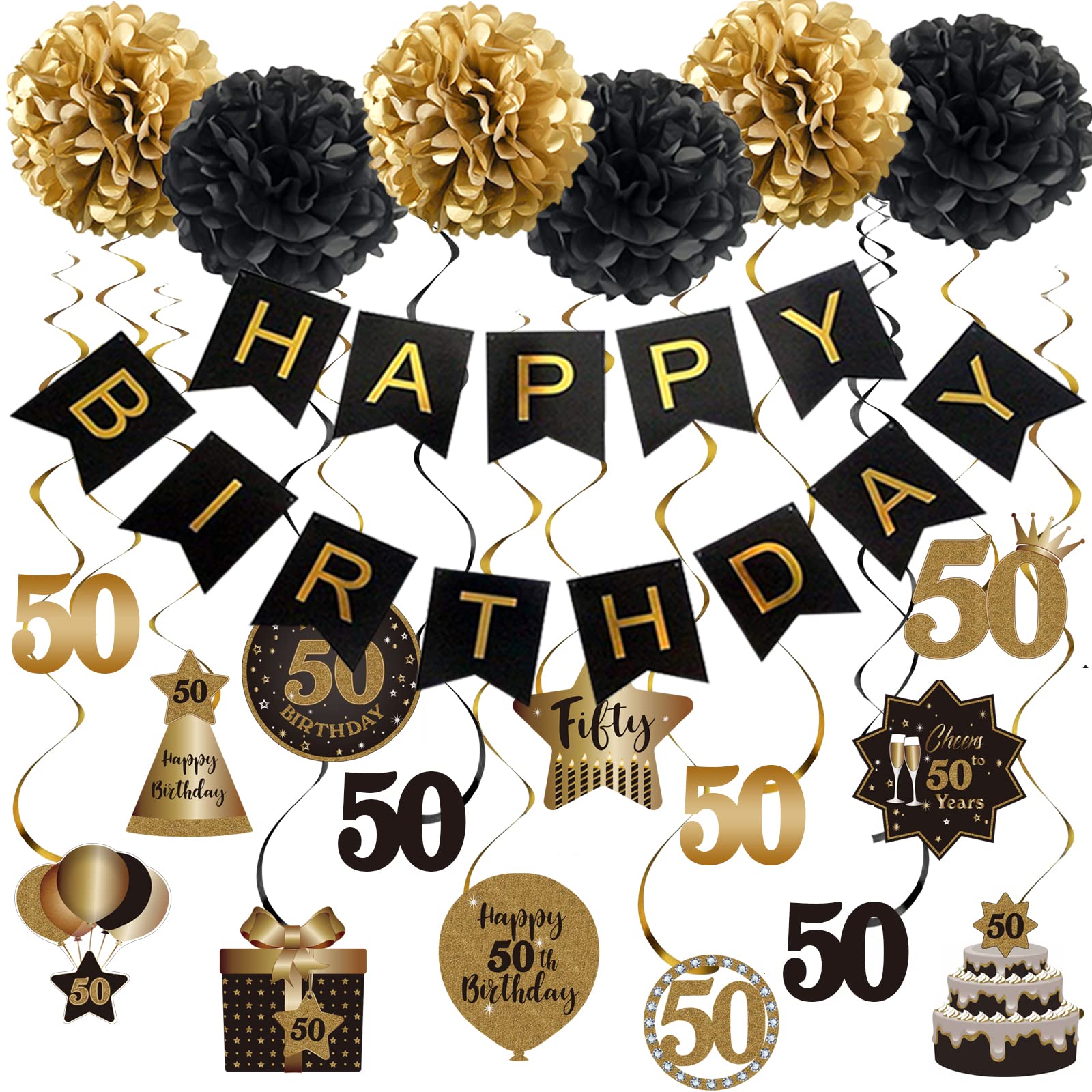 BRT Bearingshui Happy 50th Birthday Hanging Swirls Streamers Decoration Set, Happy Birthday Banner with Tissue Pompoms, Black and Gold 50 Years Old