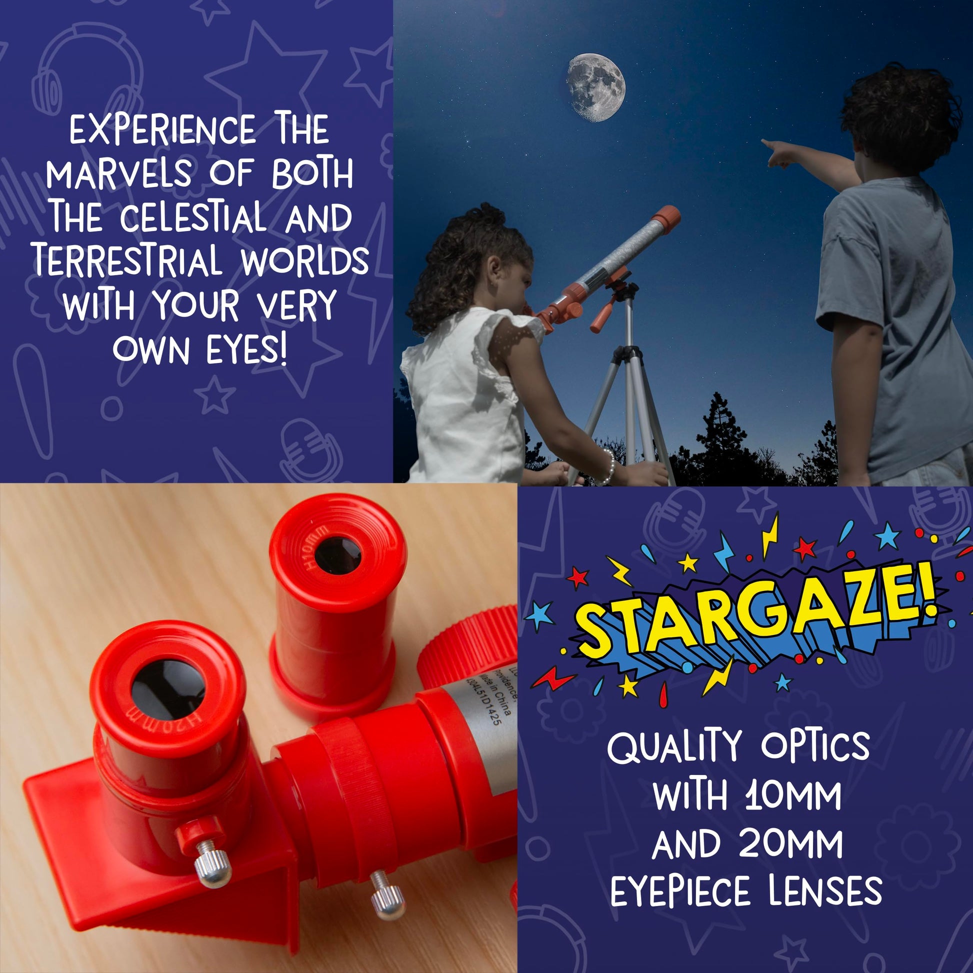 Wow in the World Kids’ Telescope & Astronomy Kit, 25x & 50x Magnification, Adjustable 48” Tripod, Includes Star Wheel & Companion Audio Content, Intro