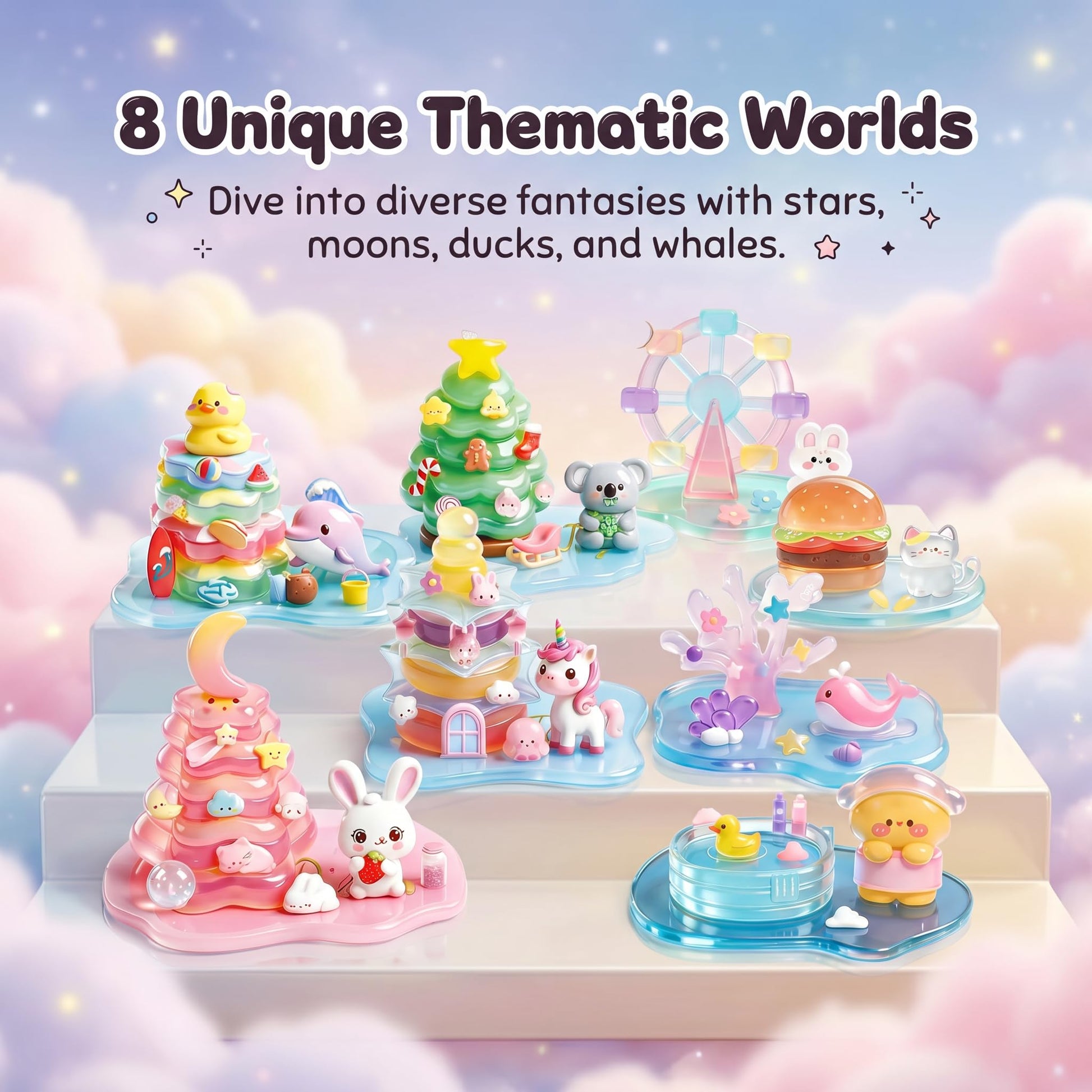 Crystal Stacked 3D Building Stickers, 8 Sets DIY Puffy Resin Decorative Stickers for Kids, Layered Kawaii Miniature Scene Craft Kit for Desktop