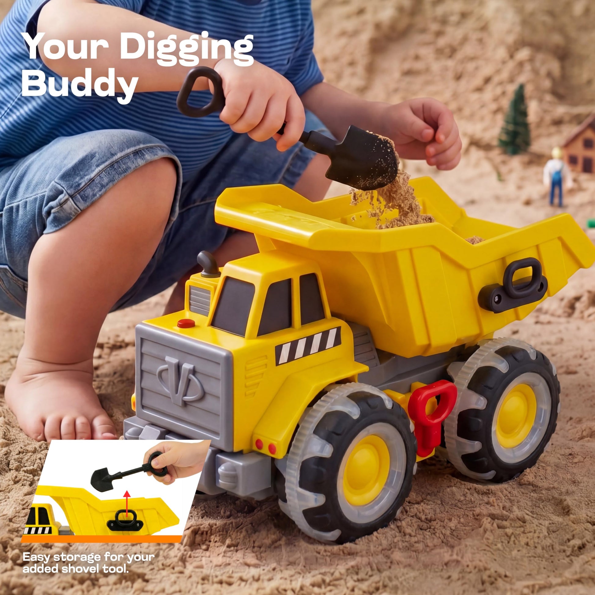 Vroomix JOVA Dump Truck for Toddlers, Construction Toys with Realistic Sounds, LED Light up Wheels, Heavy-Duty Plastic Indoor & Outdoor Beach and Sand