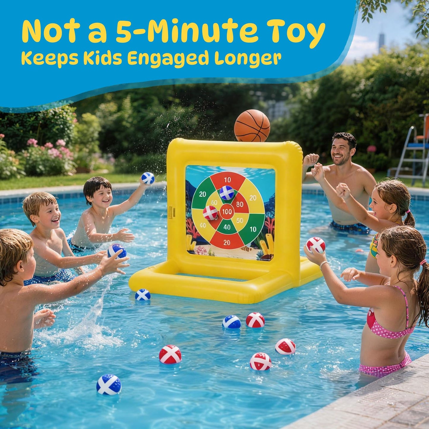 TicTac Shot Pool Toys Games for Kids & Adults, 2-in-1 Pool Basketball Hoop & Dart Target, Family Pool Party Games with Multiple Balls (Yellow)
