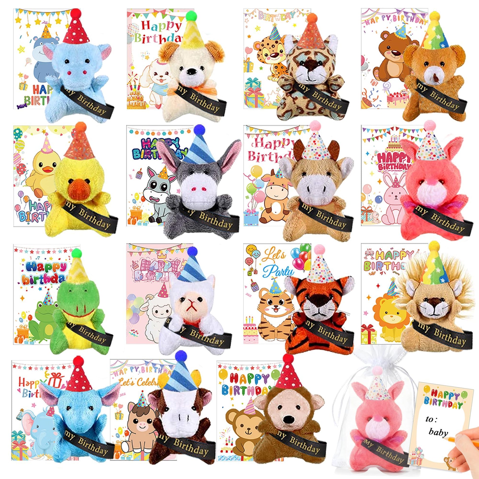 Birthday Animal Plush Keychains Bulks - Valentines Day Gifts for Kids, Small Stuffed Animals Toys with Gift Bags, School Classroom Party Favors