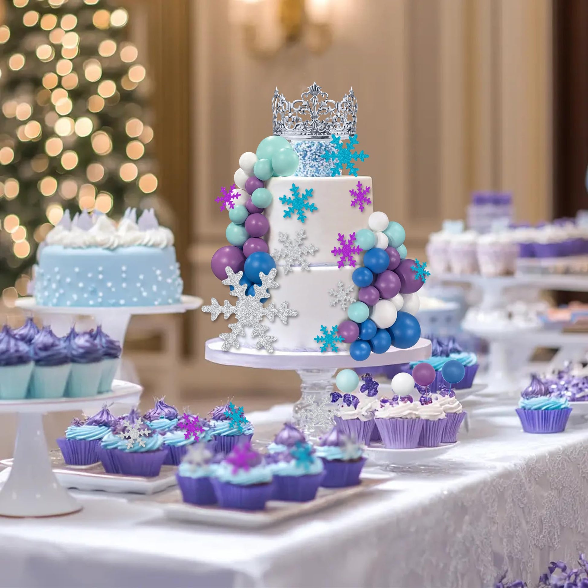 51 PCS Snowflake Cake Toppers 32 PCS Ball Cake Picks and 19 PCS Snowflake Cake Toppers for Winter Themed Wedding Christmas or Birthday Party