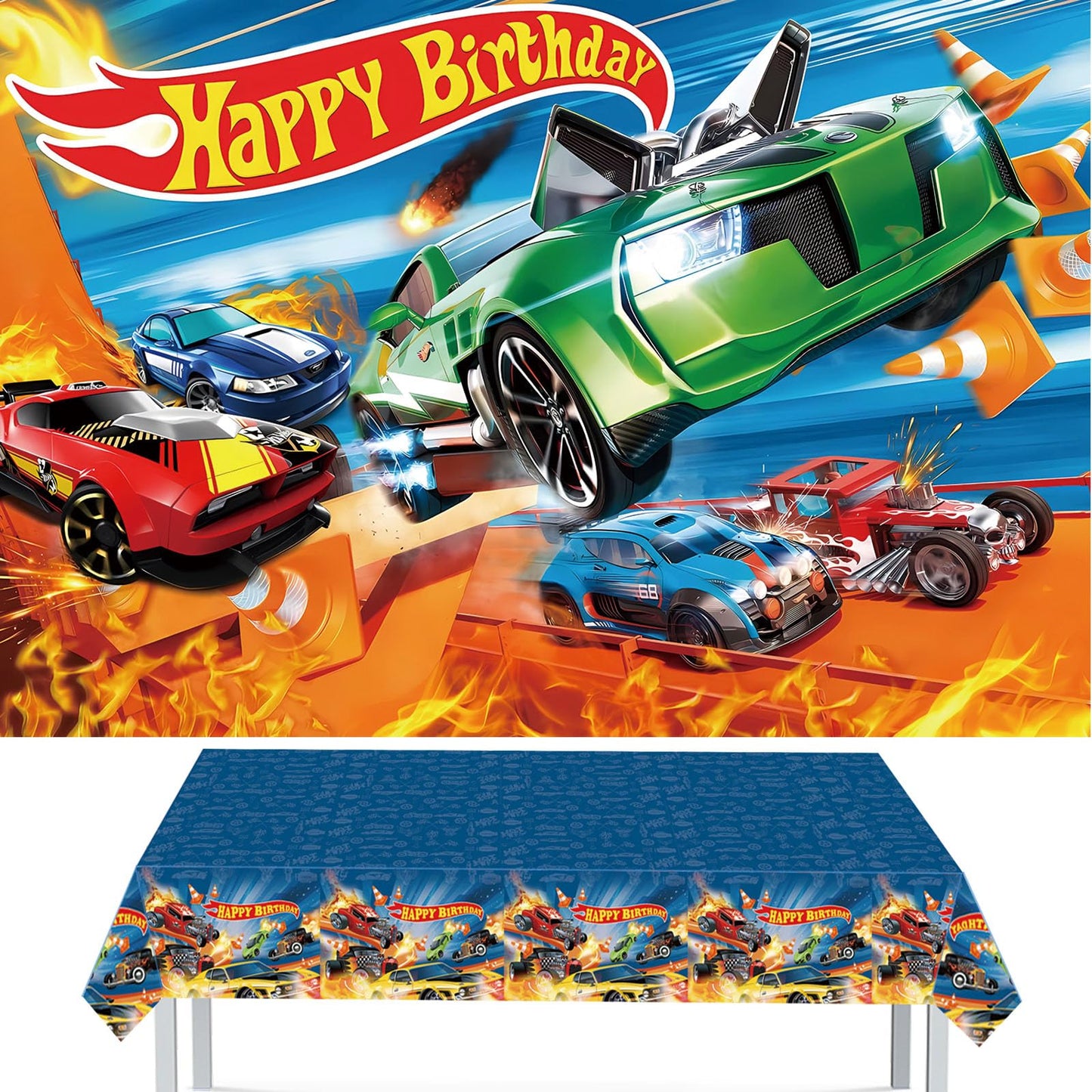 Hot Race Car Themed Party Decorations, Car Wheel Birthday Party Supplies Include Plastic Table Covers(42.5x70.8inch) and Photography