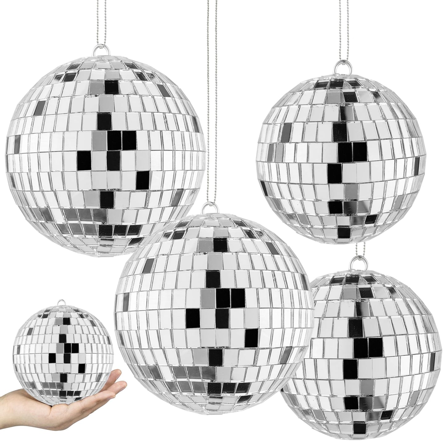 4 PCS 4 Inch 3.15 Inch Disco Ball Party Decorations Reflective Mirror Ball 70s Disco Themed Ornaments for Christmas Tree Cake Decor
