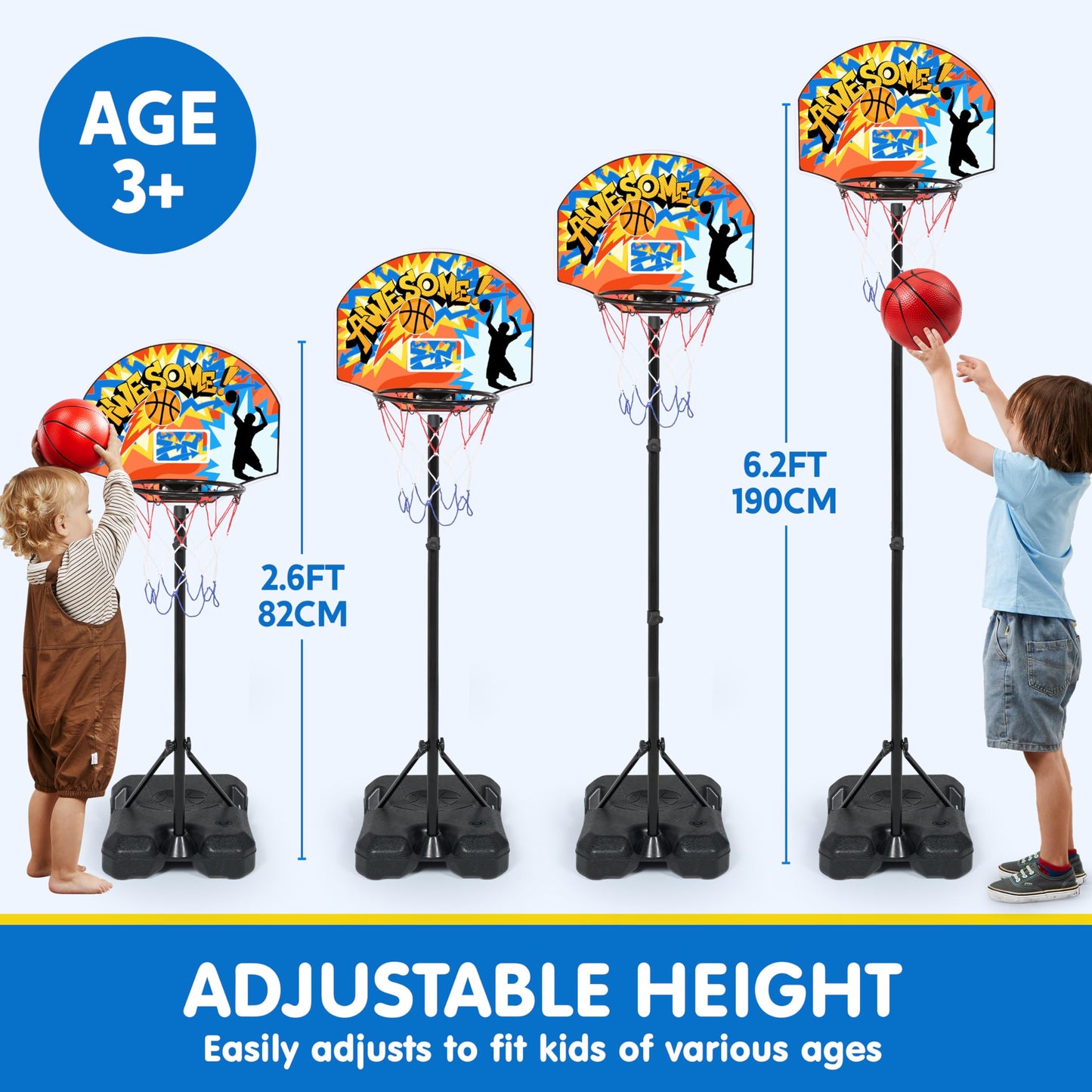 JOYIN Kids Basketball Hoop, Adjustable Height 2.8 ft-6.2 ft Basketball Hoop for Kids Indoor Outdoor Play Portable Basket Ball for Boys Girls Age 3 4 5