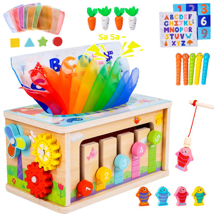 Mummed Montessori Baby Wooden Tissue Box Christmas Toy 6-in-1 Sensory Tissue Box Toy for Babies 36+ Months Developmental Toys for Babies, for 36+