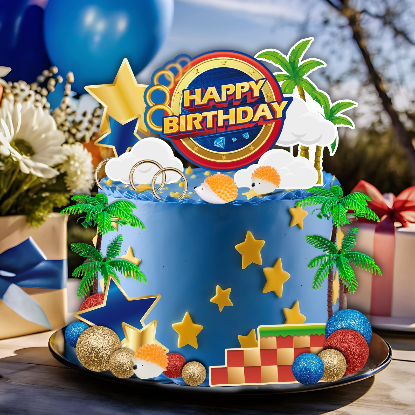 GZDUCK Hedgehog Cake Topper- 30Pcs Cartoon Themed Happy Birthday Cake Topper, Animals Forest Cake Decoration with Tree Blue Hedgehog Cake Decor