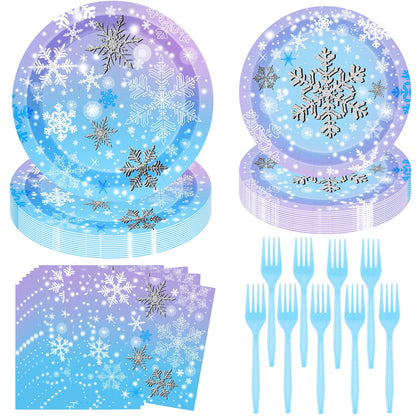 Winter Snowflake Birthday Party Supplies 96 PCS Christmas Snowflake Paper Plates and Napkins Forks Disposable Tableware Set for Christmas Winter