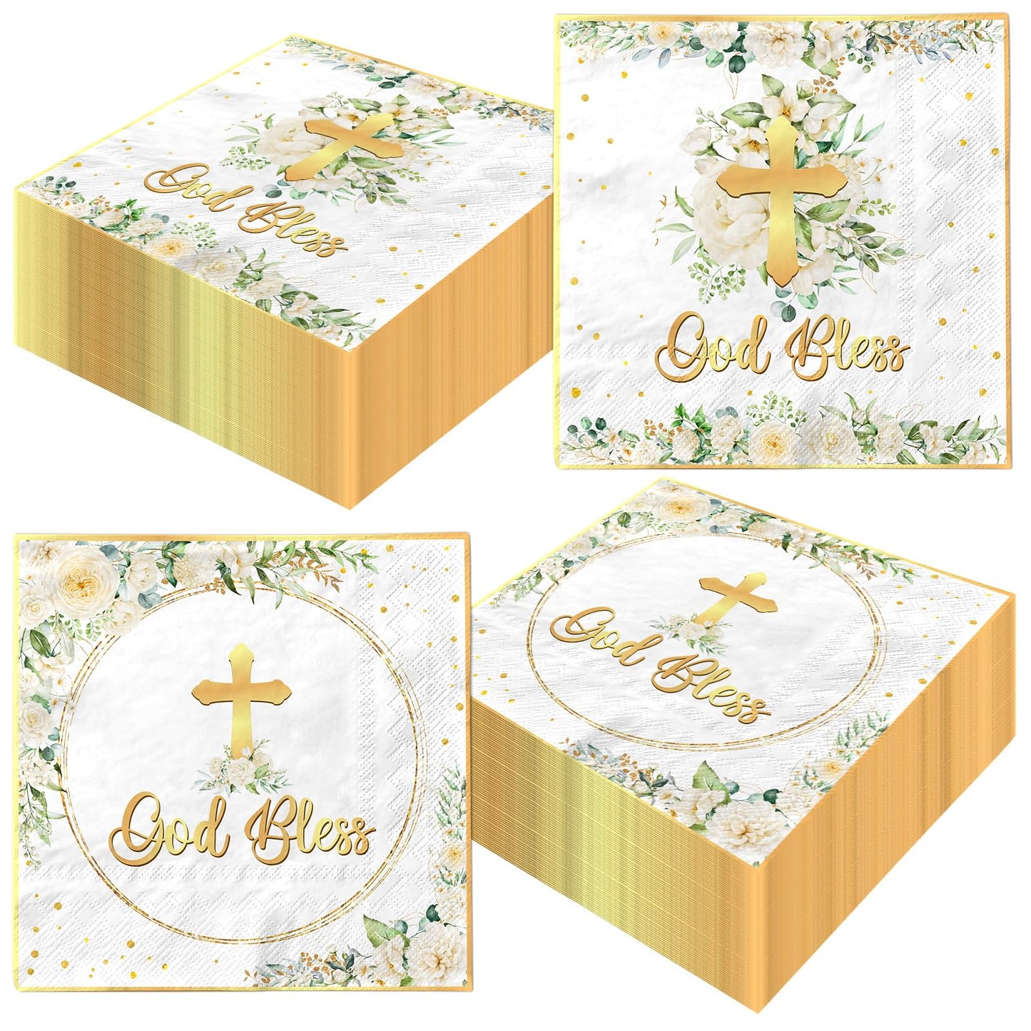 40pcs Floral God Bless Napkins Baptism Decorations for Girl Baptism Paper Napkins Religious Disposable First Communion Holy Christening Party Supplies
