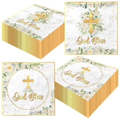40pcs Floral God Bless Napkins Baptism Decorations for Girl Baptism Paper Napkins Religious Disposable First Communion Holy Christening Party Supplies