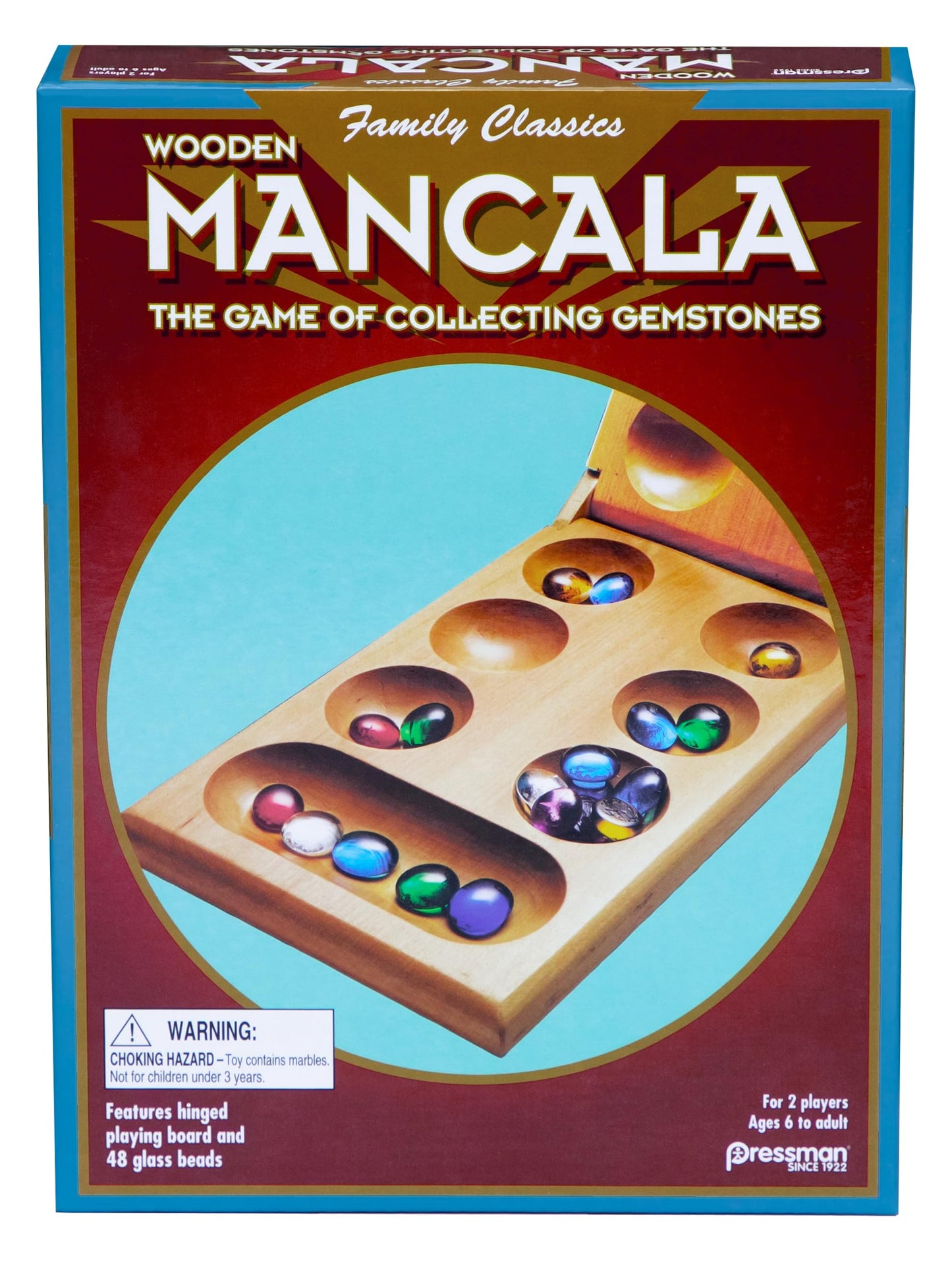 Pressman Mancala Board Game | Fun Classic Table for Adults & Kids | Includes 48 Glass Mancala Stones and Wood Hinged Playing Board | 2 Players, Ages