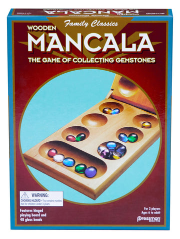 Pressman Mancala Board Game | Fun Classic Table for Adults & Kids | Includes 48 Glass Mancala Stones and Wood Hinged Playing Board | 2 Players, Ages