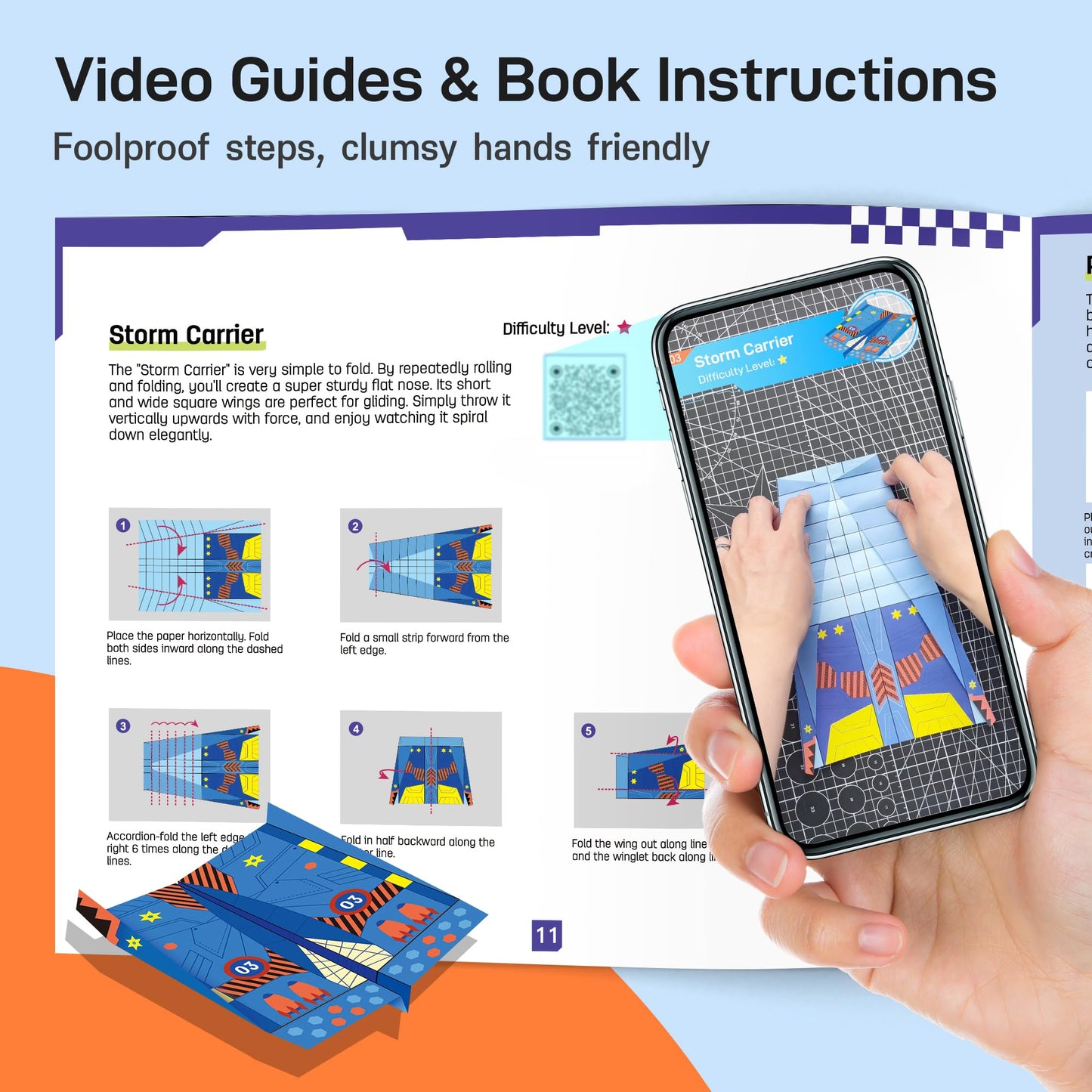 Leven DIY Paper Airplane Book, 16 Creative Folding Paper Planes with 48 Sheets of Colorful Origami Paper, Arts & Crafts Kit with Video Tutorials