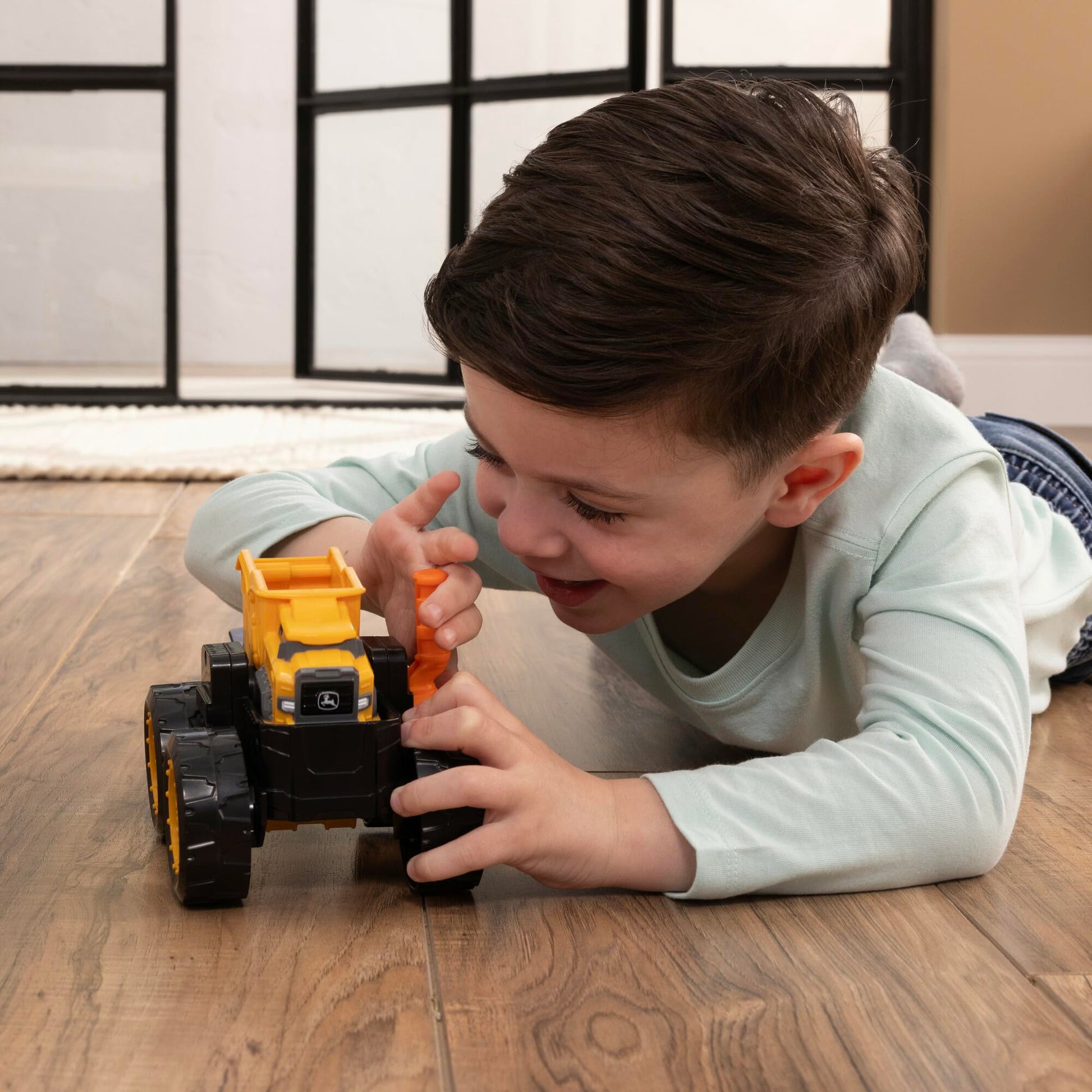 TOMY Monster Treads John Deere Flipper Truck Toy - 2-in-1 Transforming Dump Truck and Loader Toy with Heavy Duty Tires - Kids Construction Toys - Ages