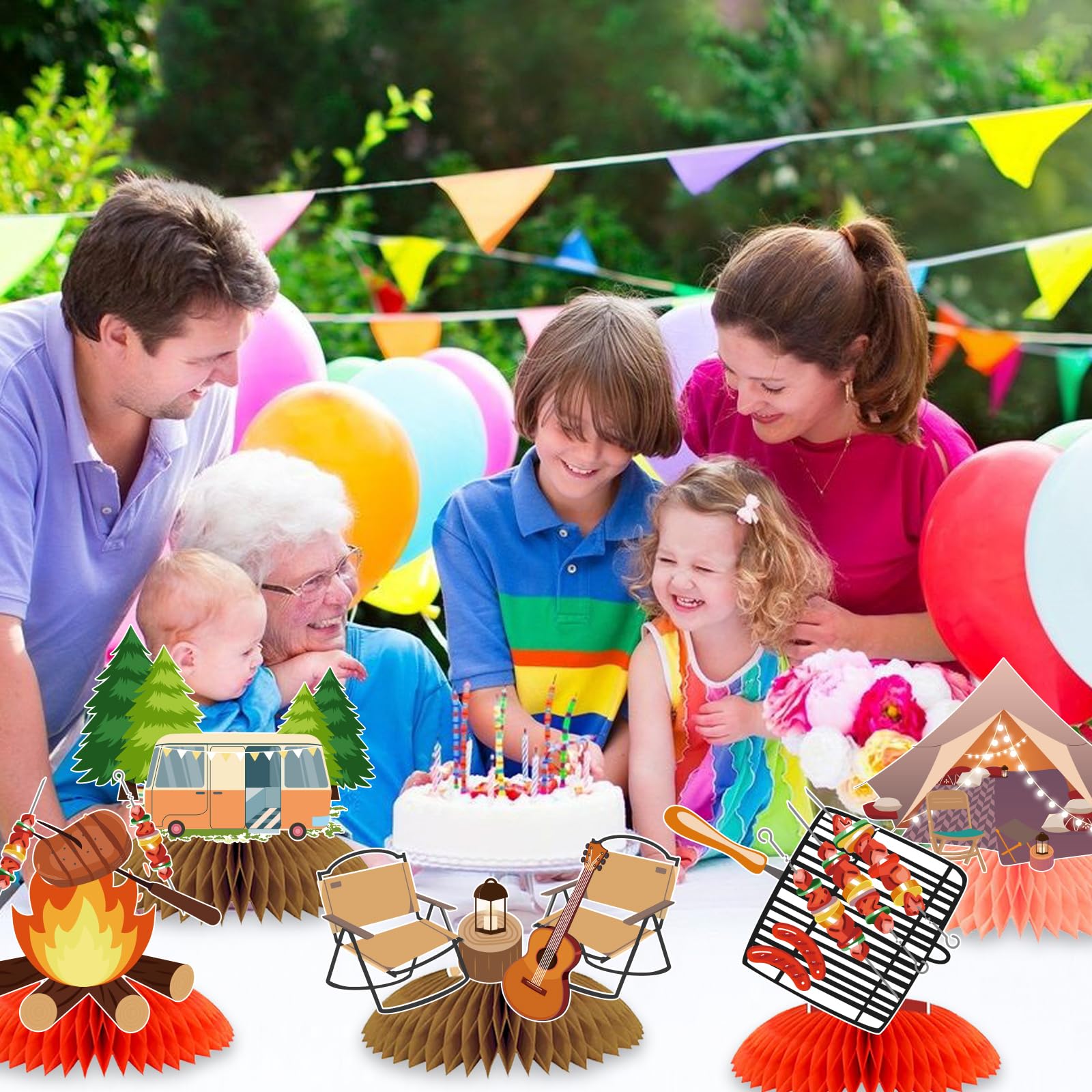 PRATYUS Camping Birthday Decorations, 9 Pcs Camping Party Honeycomb Centerpieces Table Topper Decors for Kids Boys Girls Adventure Theme Baby Shower