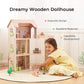OOOK Wooden Dollhouse with 60 Pcs Luxurious Furniture Accessories, Including 4 Dolls and 2 Pets, Large 3-Story Doll House with 6 Rooms, Doll House