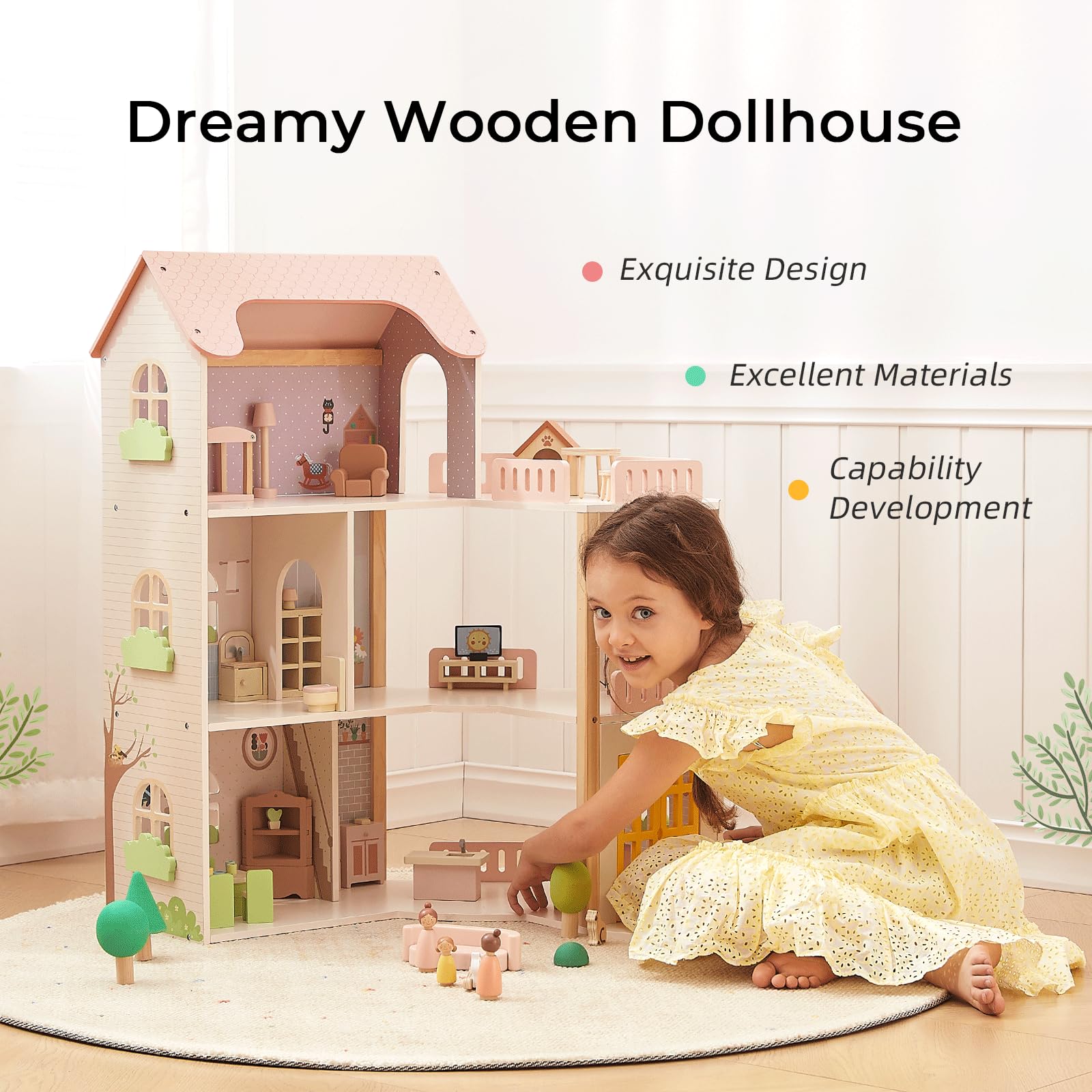 OOOK Wooden Dollhouse with 60 Pcs Luxurious Furniture Accessories, Including 4 Dolls and 2 Pets, Large 3-Story Doll House with 6 Rooms, Doll House