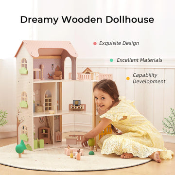 OOOK Wooden Dollhouse with 60 Pcs Luxurious Furniture Accessories, Including 4 Dolls and 2 Pets, Large 3-Story Doll House with 6 Rooms, Doll House