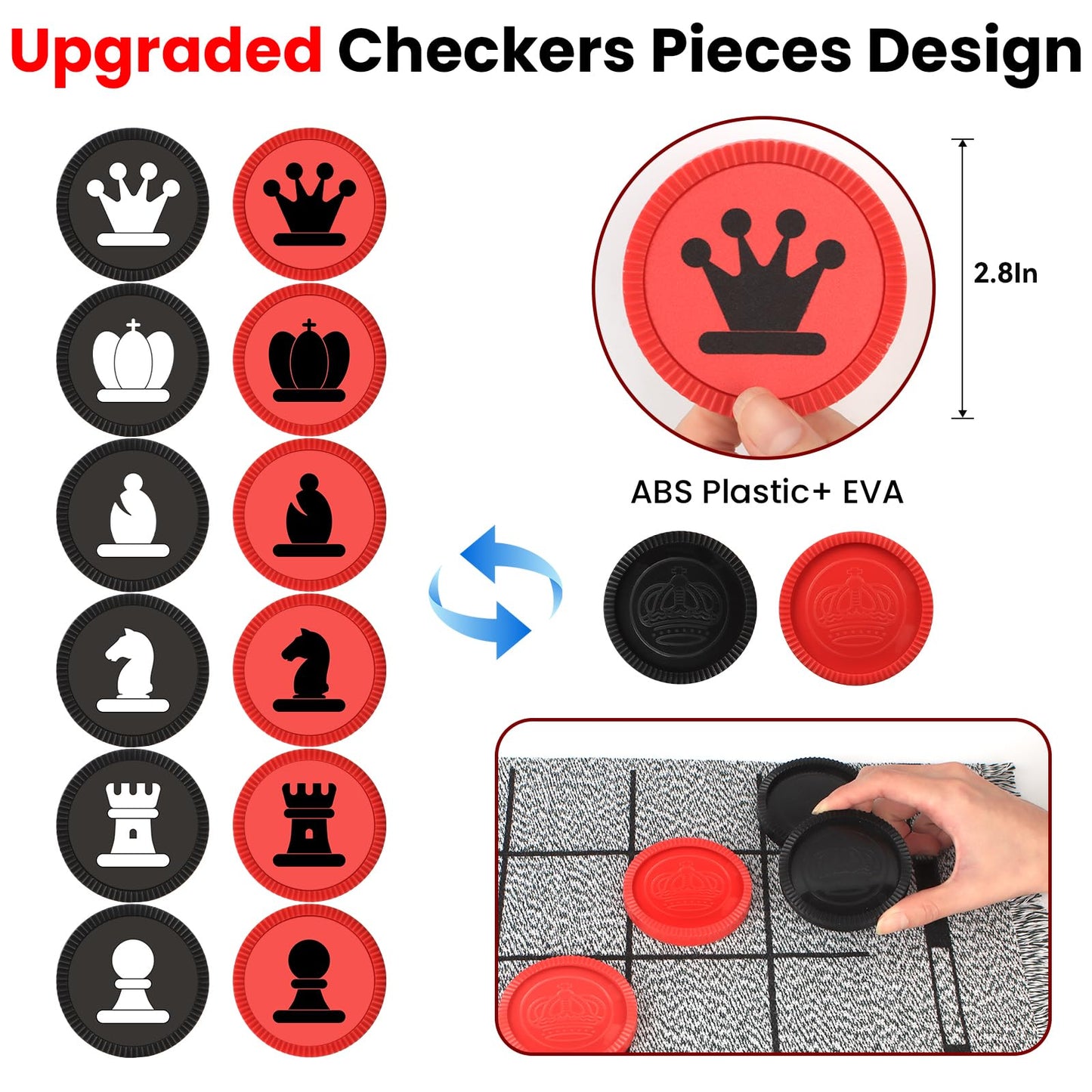 Giant 4 in 1 Chess Set,Jumbo Chess & Giant Checkers & Large Tic Tac Toe, Giant Chess Board Game for Kids Adults,Including 2 Extra Queen,Large Checkers