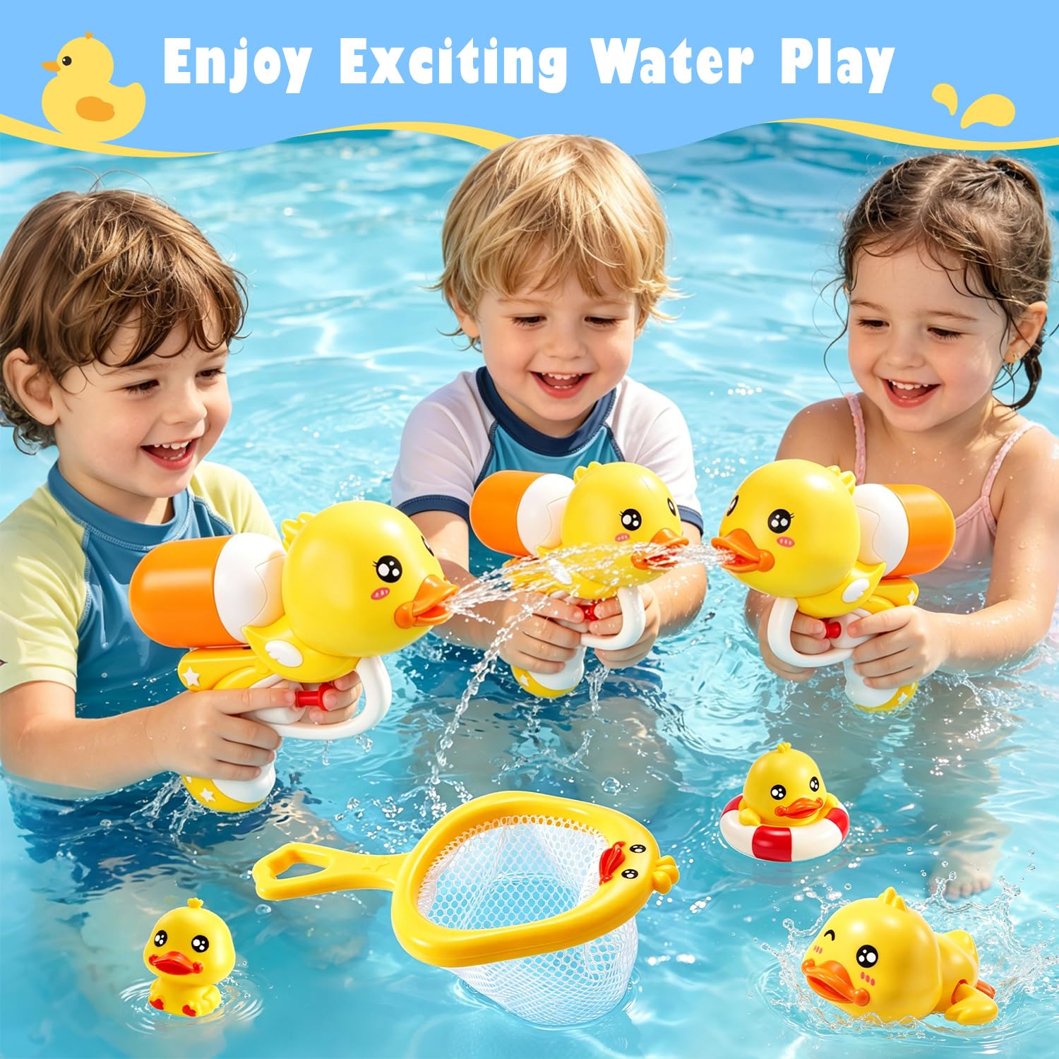 8 PCS Baby Bath Duck Toys for Toddlers Age 1-3, Kids Bathtub Toys Set with Squirt Gun, Watering Can, Floating Rubber Ducks and Fishing Net, Baby