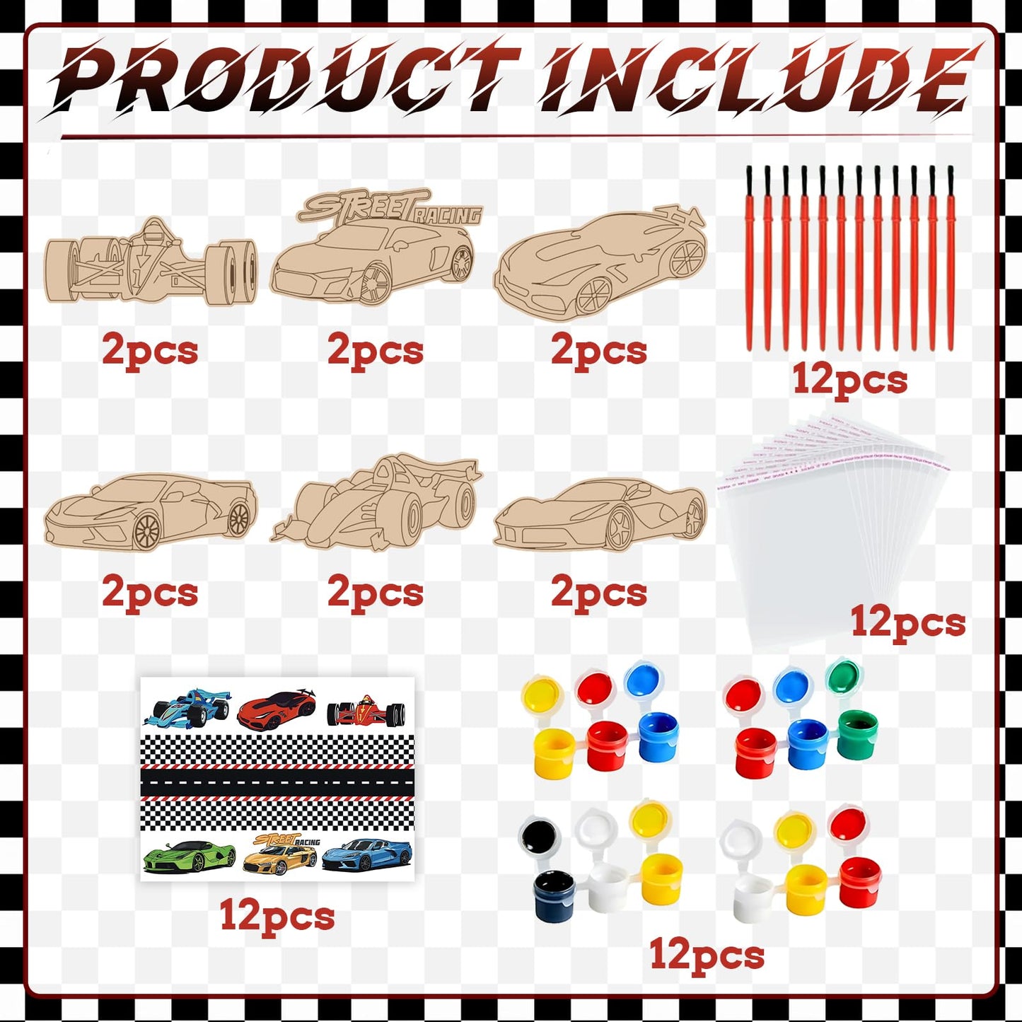 QICI Race Car Wooden Painting Kit Large Race Car Cards with Wood Painting Crafts Bulk -12 PCS Racing Birthday Party Supplies - Thank You for Coming